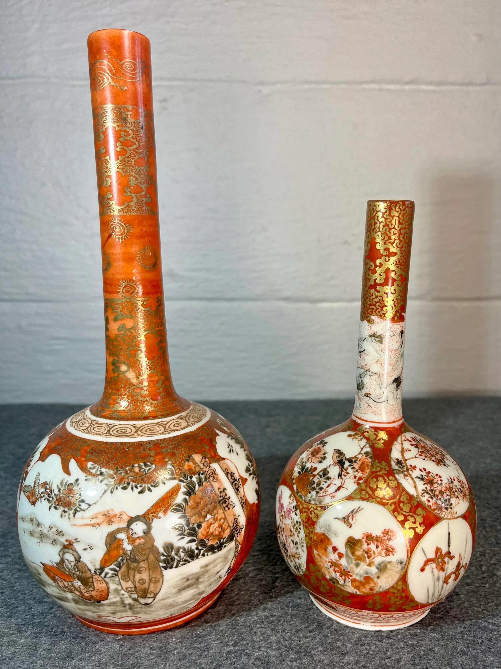 Antique Japanese Kutani Hand Painted Porcelain Bottle Vases- Set of 2 - 5