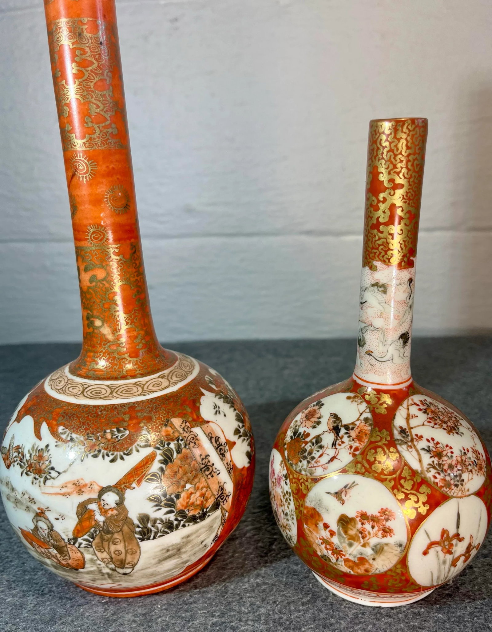 Antique Japanese Kutani Hand Painted Porcelain Bottle Vases- Set of 2 - 6