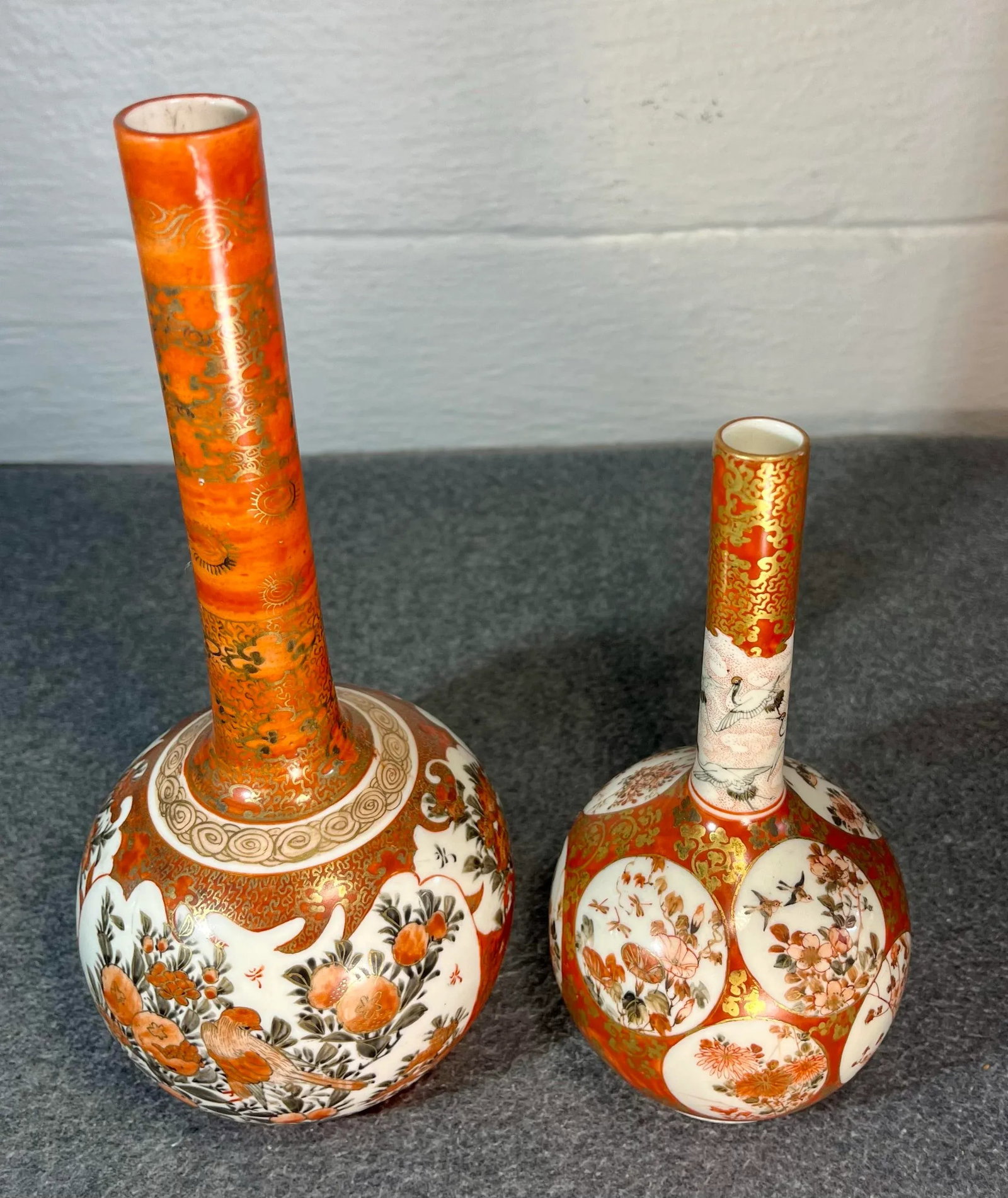 Antique Japanese Kutani Hand Painted Porcelain Bottle Vases- Set of 2 - 7