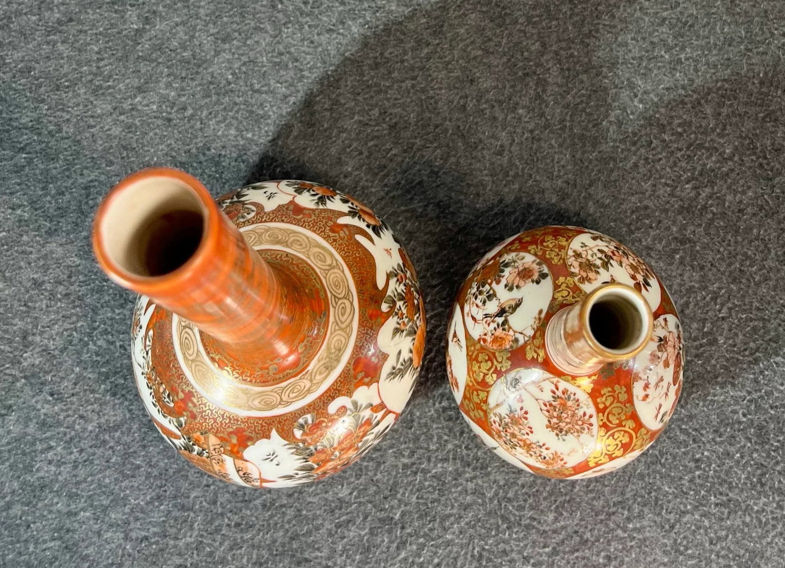 Antique Japanese Kutani Hand Painted Porcelain Bottle Vases- Set of 2 - 8
