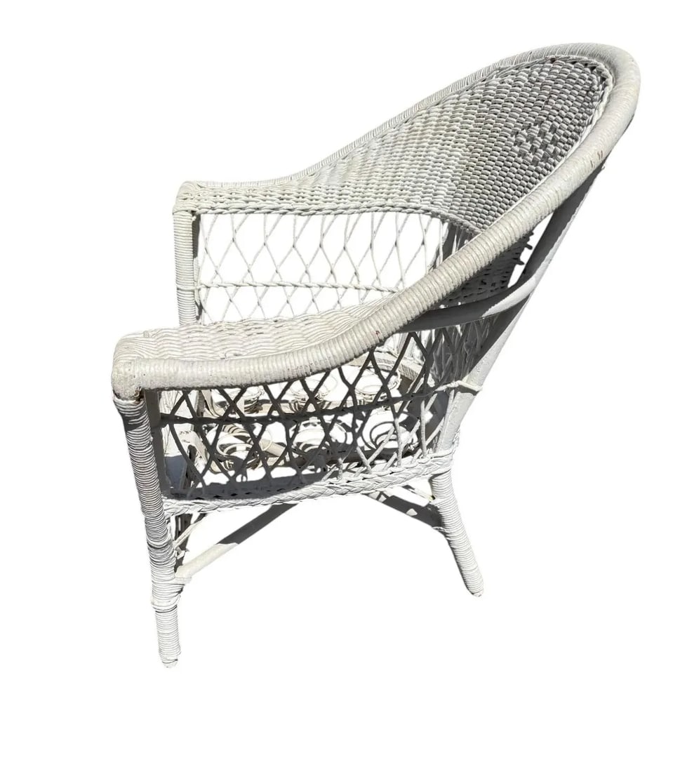 Antique White Wicker Loveseat, Side Chair, and Coffee Table With Quilted Upholstery, 3 Pieces - 10