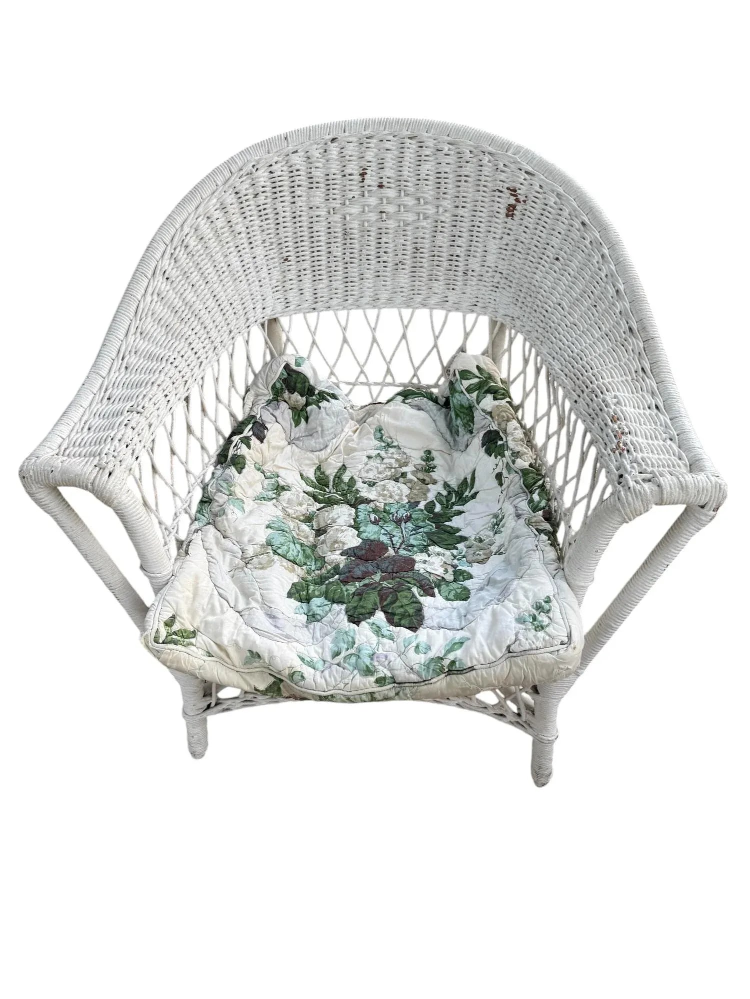 Antique White Wicker Loveseat, Side Chair, and Coffee Table With Quilted Upholstery, 3 Pieces - 3