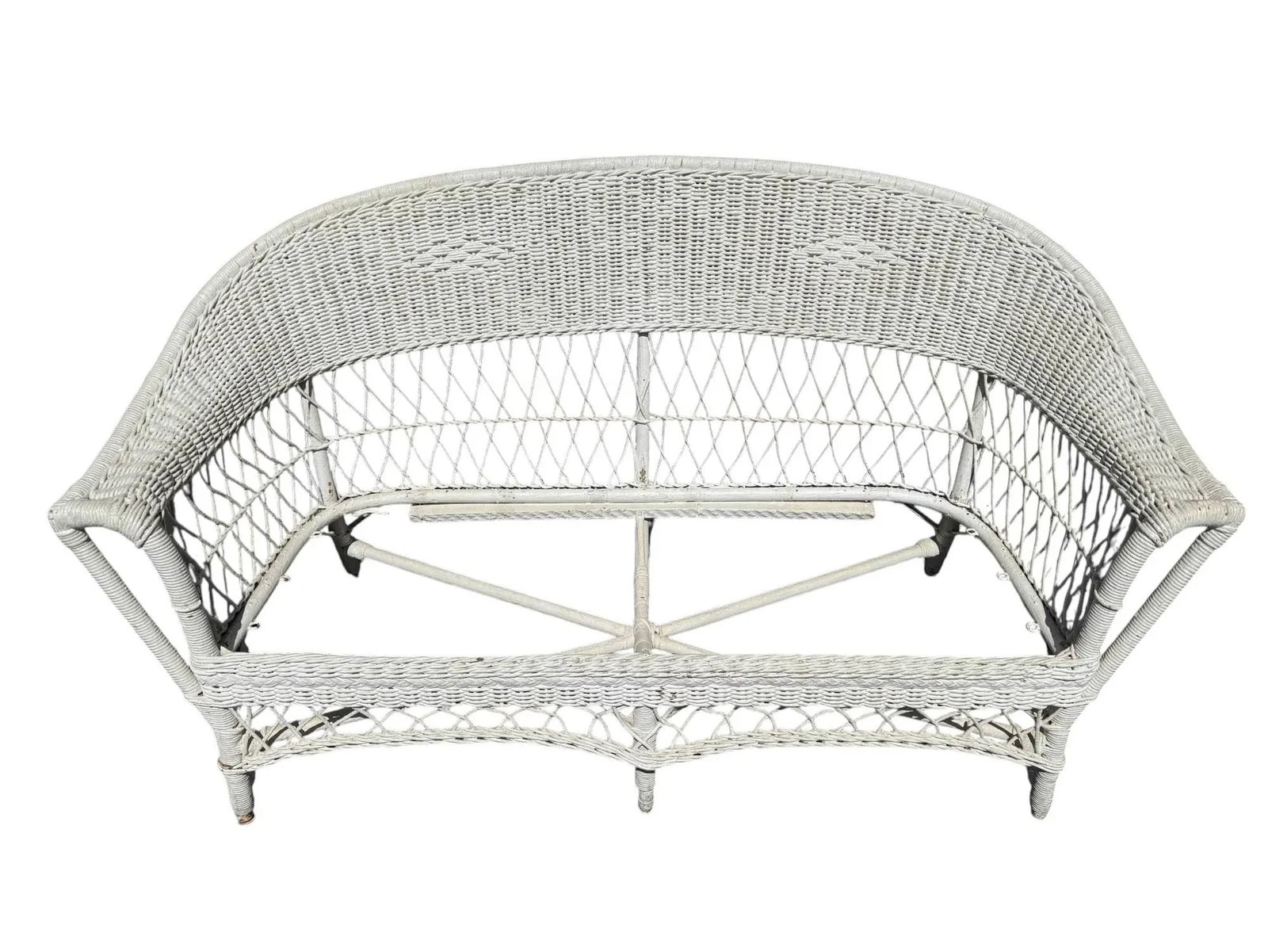 Antique White Wicker Loveseat, Side Chair, and Coffee Table With Quilted Upholstery, 3 Pieces - 4