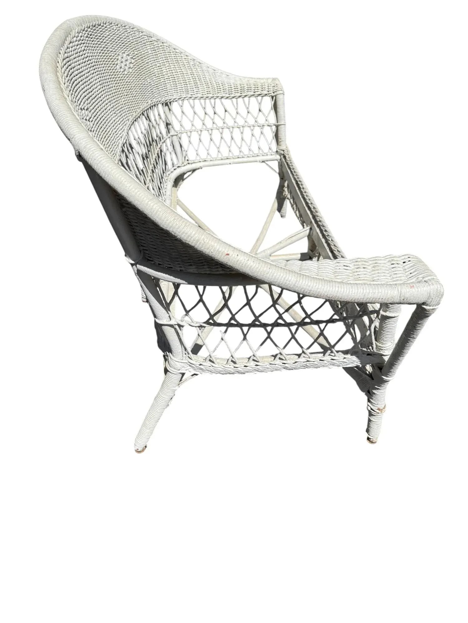 Antique White Wicker Loveseat, Side Chair, and Coffee Table With Quilted Upholstery, 3 Pieces - 6