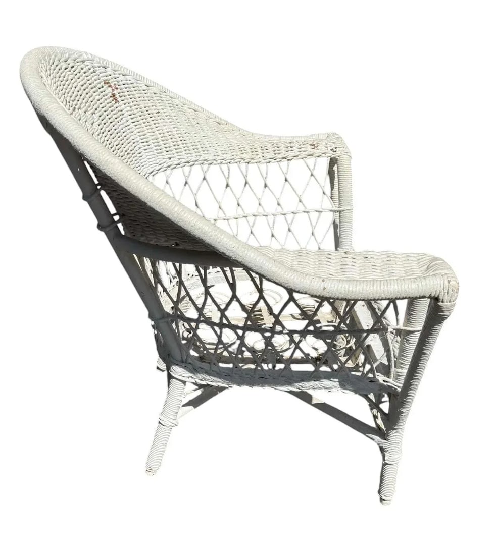 Antique White Wicker Loveseat, Side Chair, and Coffee Table With Quilted Upholstery, 3 Pieces - 9