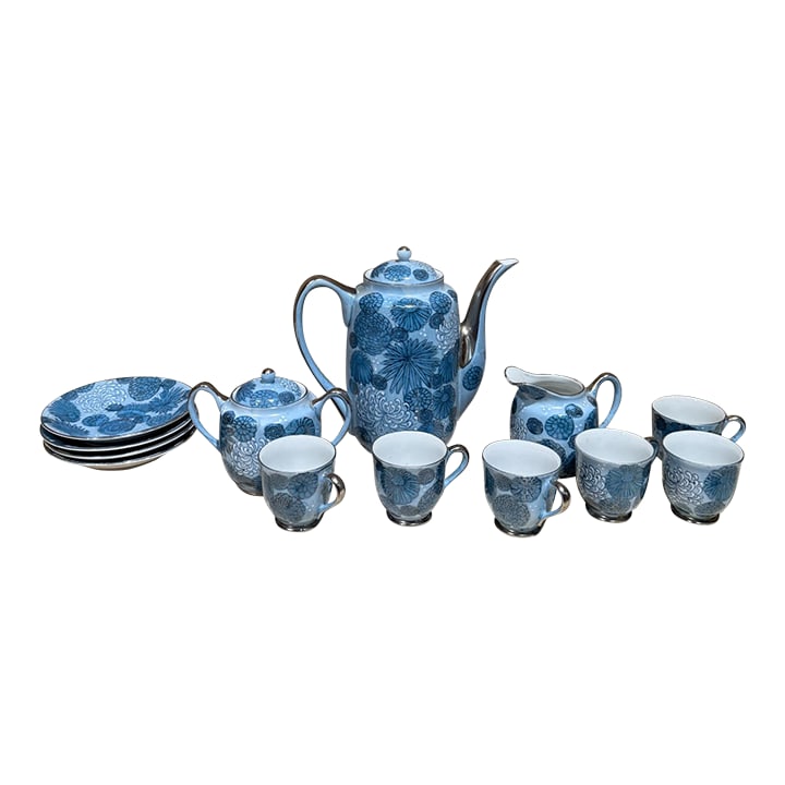 1960s Meito Japan Blue Floral Porcelain Tea Set: AMBIANIC presents Meito Japan Blue Floral Porcelain Tea Set Service for four plus extra 2 cups made Japan Teapot Creamer and Sugar Bowl cups and saucers Tea pot 6.75 x 4 w x 7.25 Sugar 3.75 h x 5 w x 
