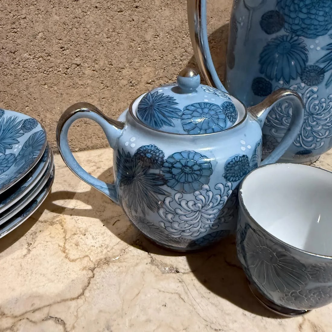 1960s Meito Japan Blue Floral Porcelain Tea Set - 2
