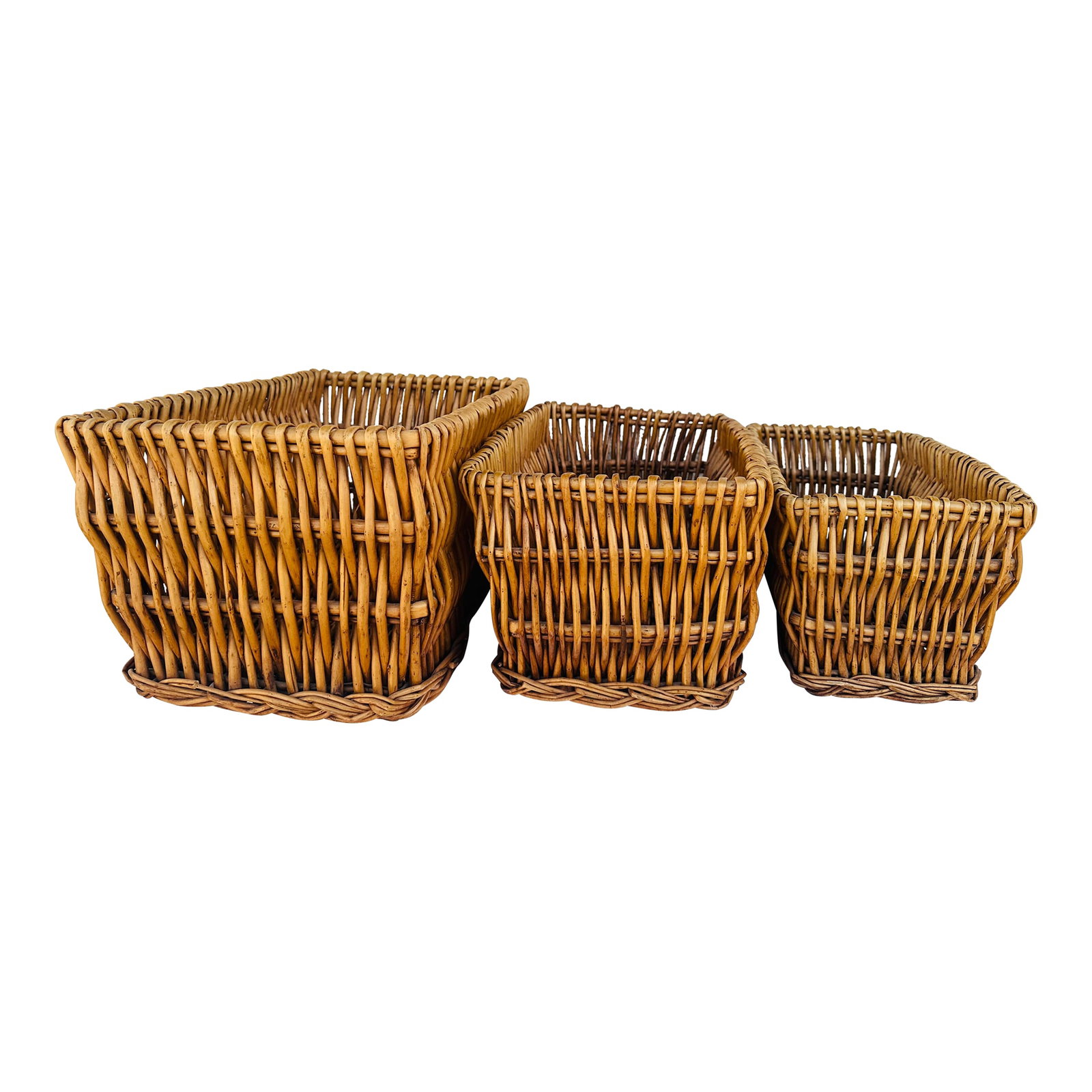 Set of 3 Woven Wicker/Rattan Nesting Baskets: Set of 3 Woven Rattan/Wicker Nesting Baskets perfect for storage in kids room or mud room etc. Many uses Lg-18in w x 11.5d x 9in h Med-15.75w x 10d x 7.5h Sm-13.75w x 7.5d x 6.5in h Make sure to