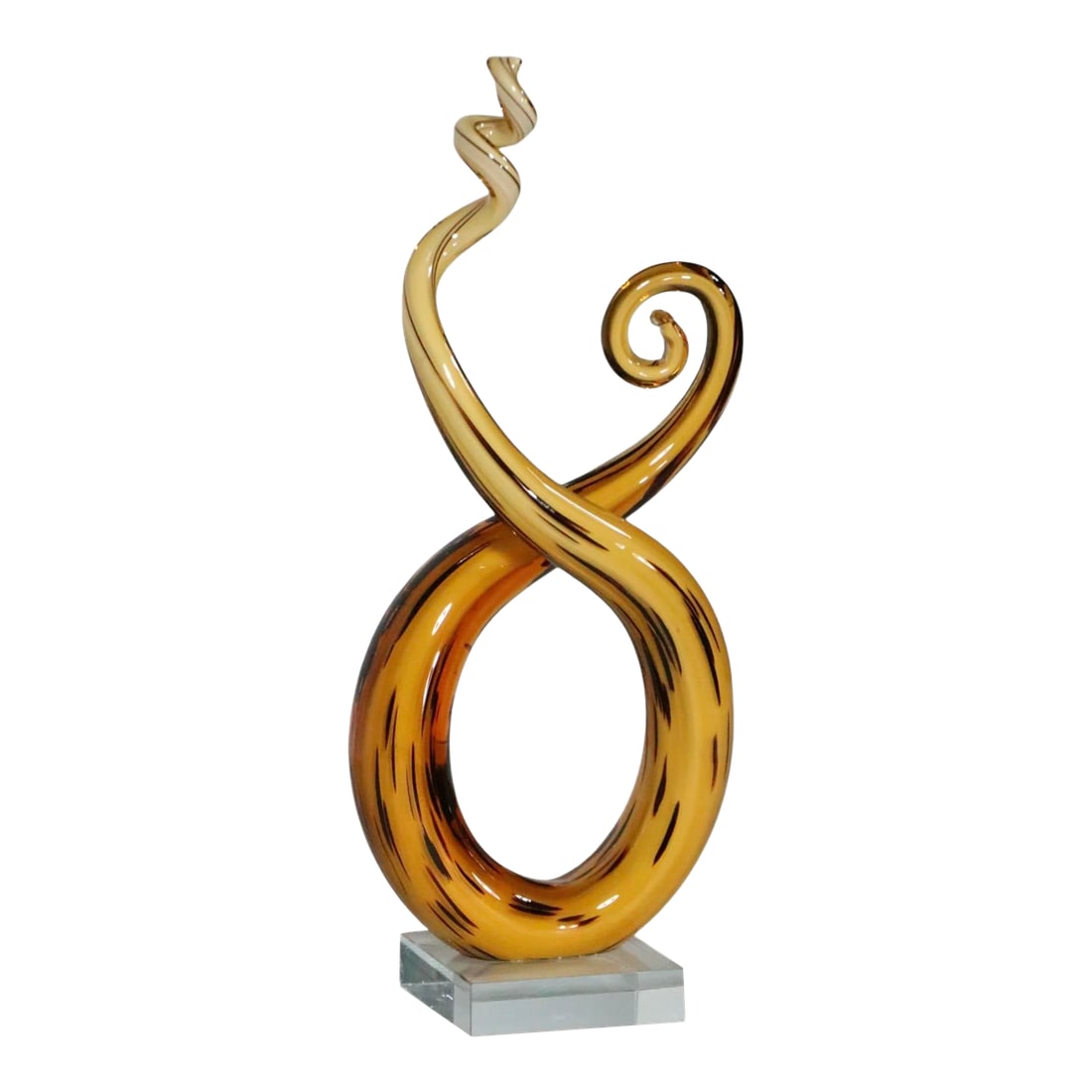Late 20th Century Postmodern Murano Style Art Glass Sculpture: Stunning twisted form art glass sculpture, made in Murano Italy, circa 1900/2000. The sculpture features an organic form executed in tan and brown, mounted on a square transparent glass plinth base.
