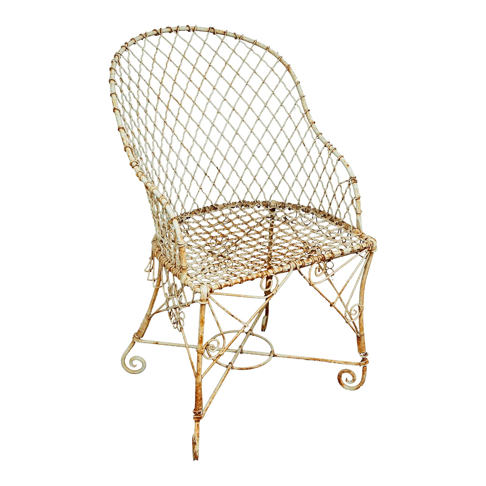 Victorian Wire Garden Chair: An Antique Victorian Wire Garden Chair with a perfectly rusted patina on White Paint. Condition: Alterations: Original Condition Unaltered Imperfections: Some Imperfections Condition Notes: In