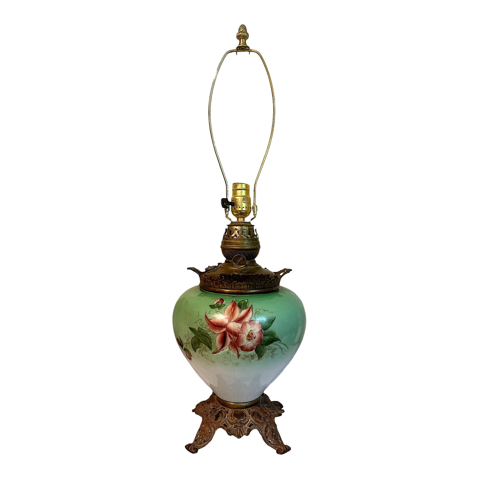 Antique Victorian Hand Painted Celadon Glass Success Oil Lamp - Converted to Electric (1 of 5)