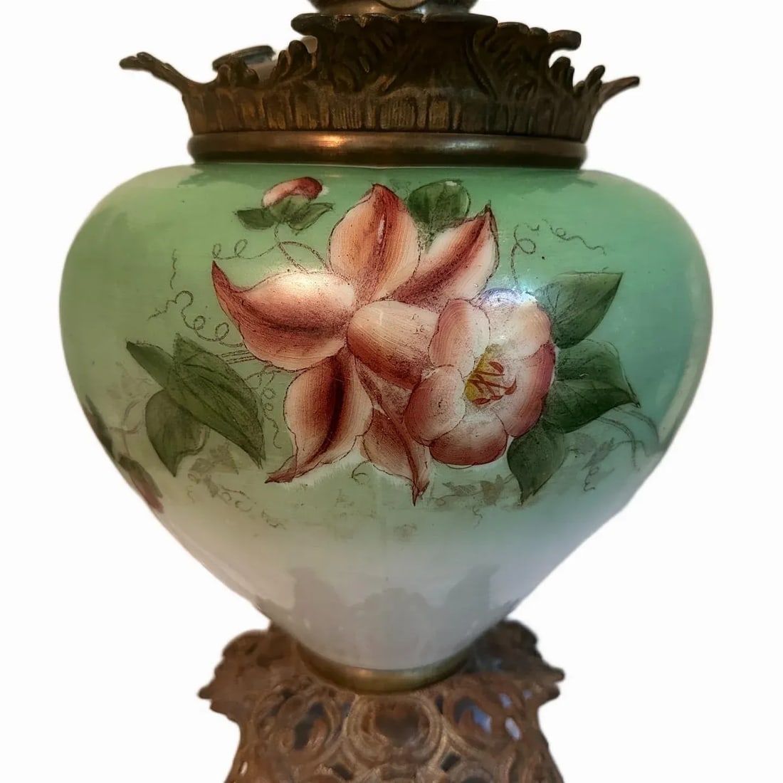 Antique Victorian Hand Painted Celadon Glass Success Oil Lamp - Converted to Electric - 2