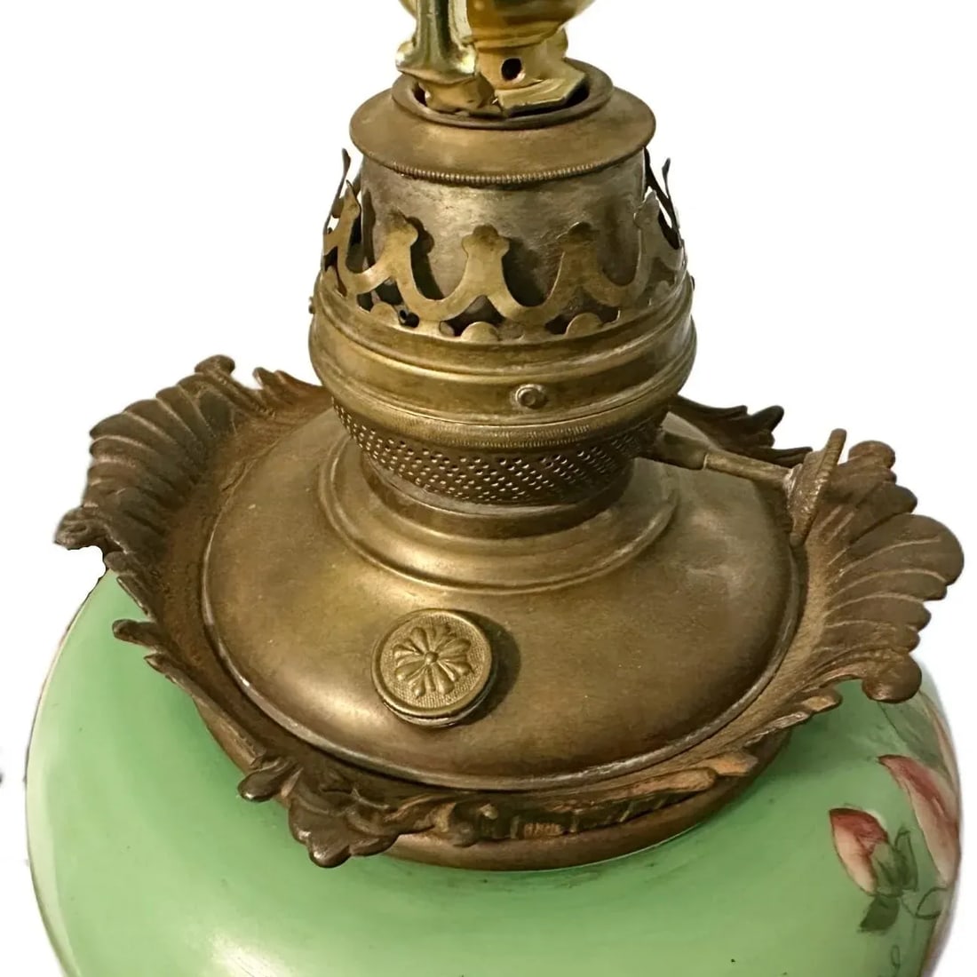 Antique Victorian Hand Painted Celadon Glass Success Oil Lamp - Converted to Electric - 3