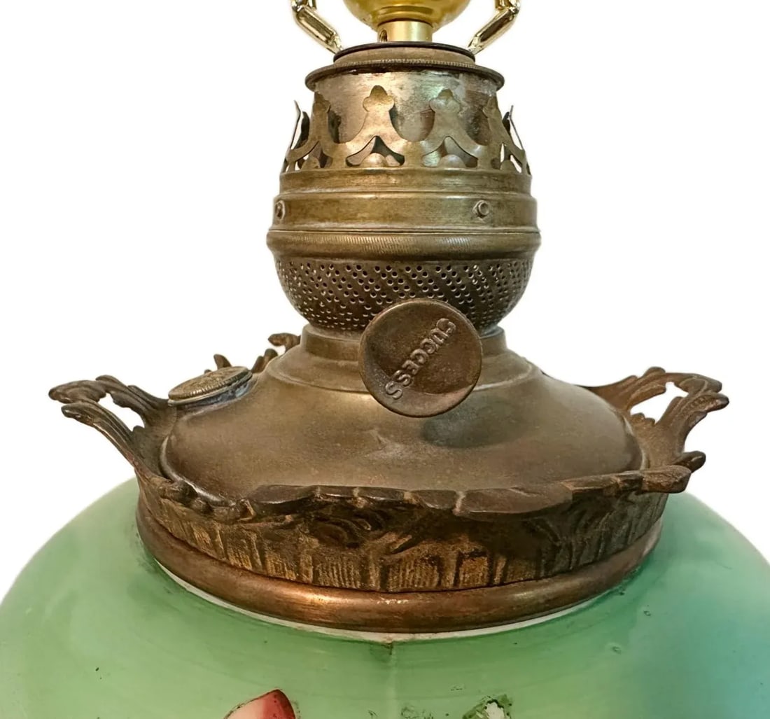 Antique Victorian Hand Painted Celadon Glass Success Oil Lamp - Converted to Electric - 4