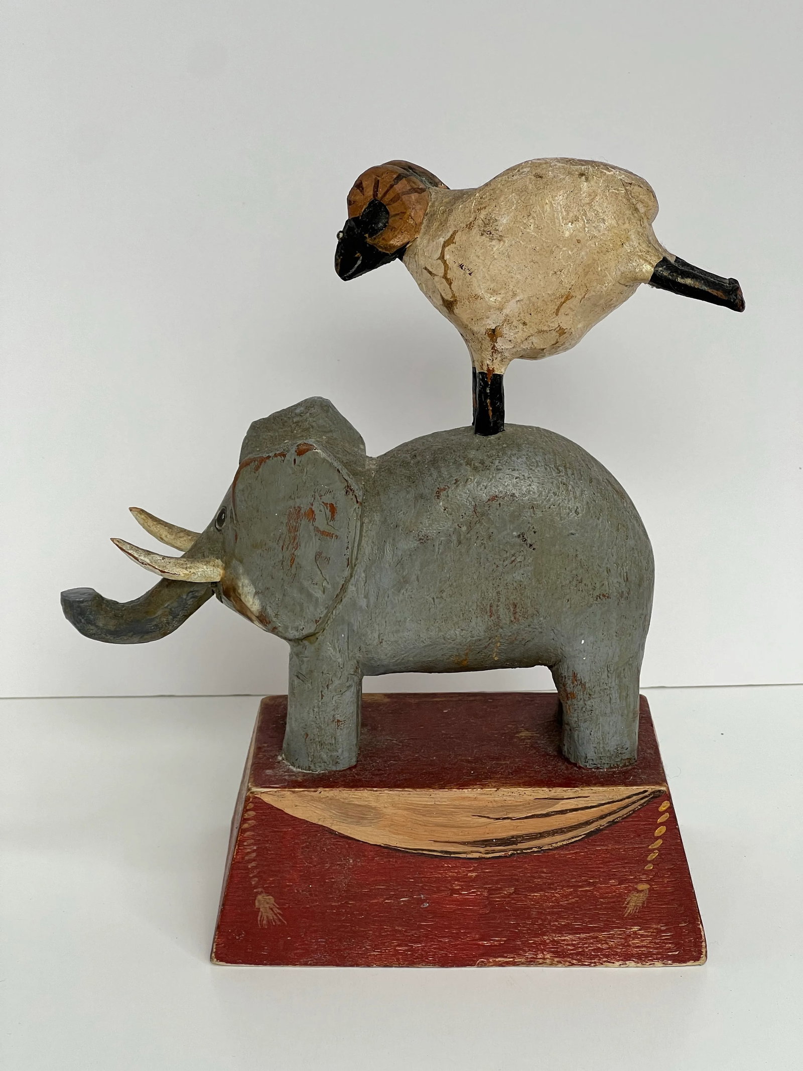 Original Signed Tom Kelly Folk Art Elephant Ram Wood Sculpture - 11