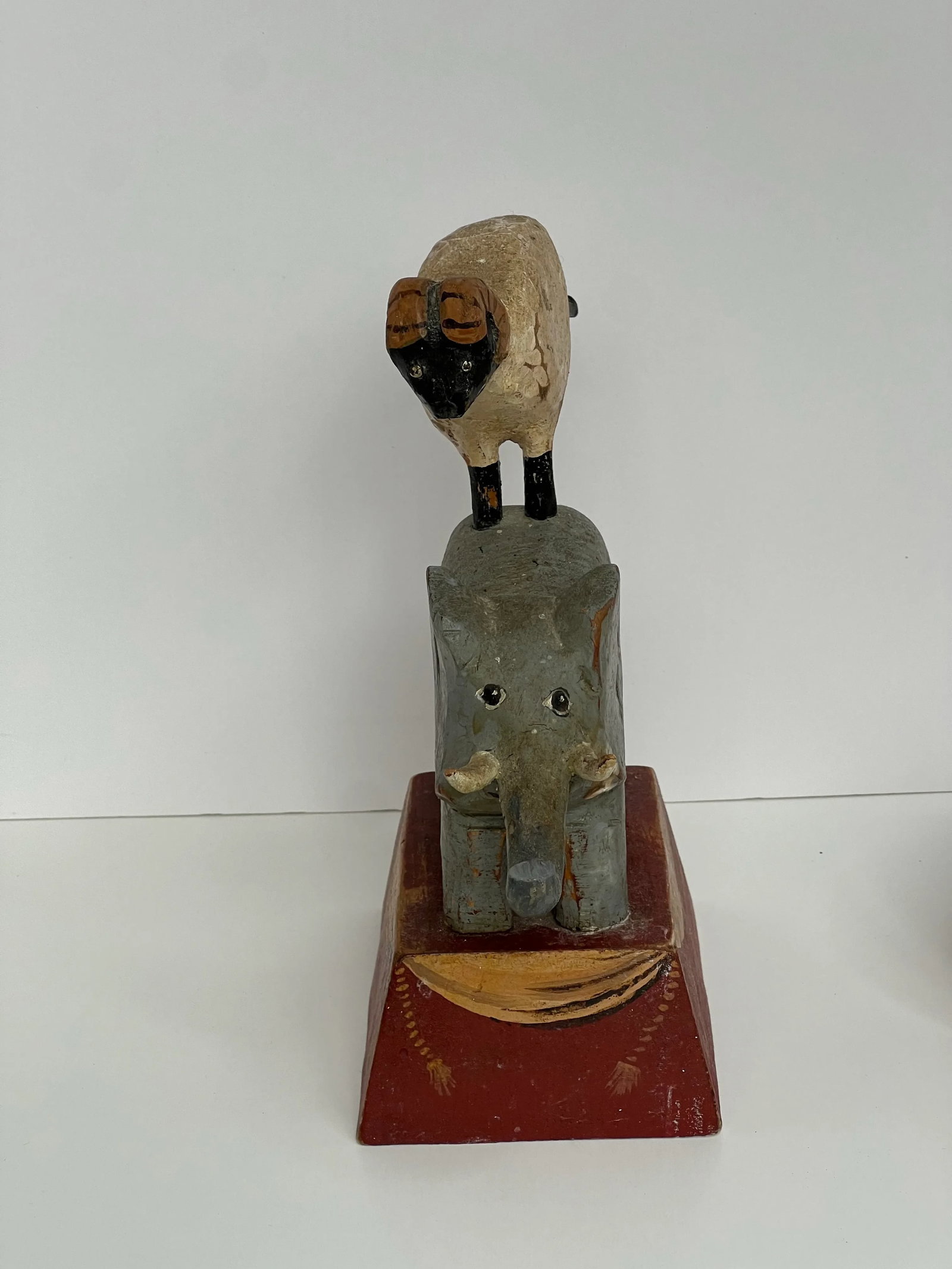 Original Signed Tom Kelly Folk Art Elephant Ram Wood Sculpture - 12