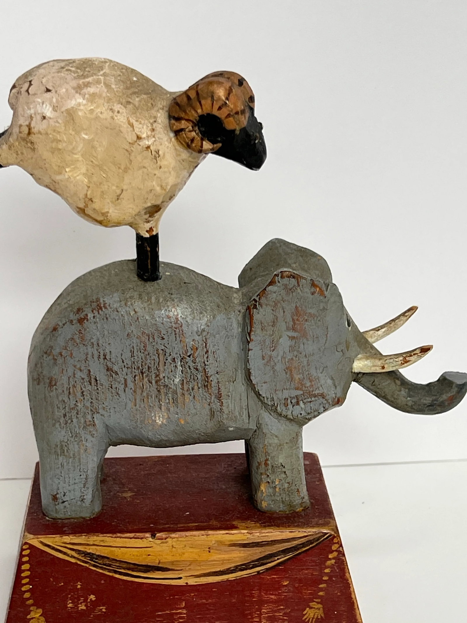 Original Signed Tom Kelly Folk Art Elephant Ram Wood Sculpture - 2