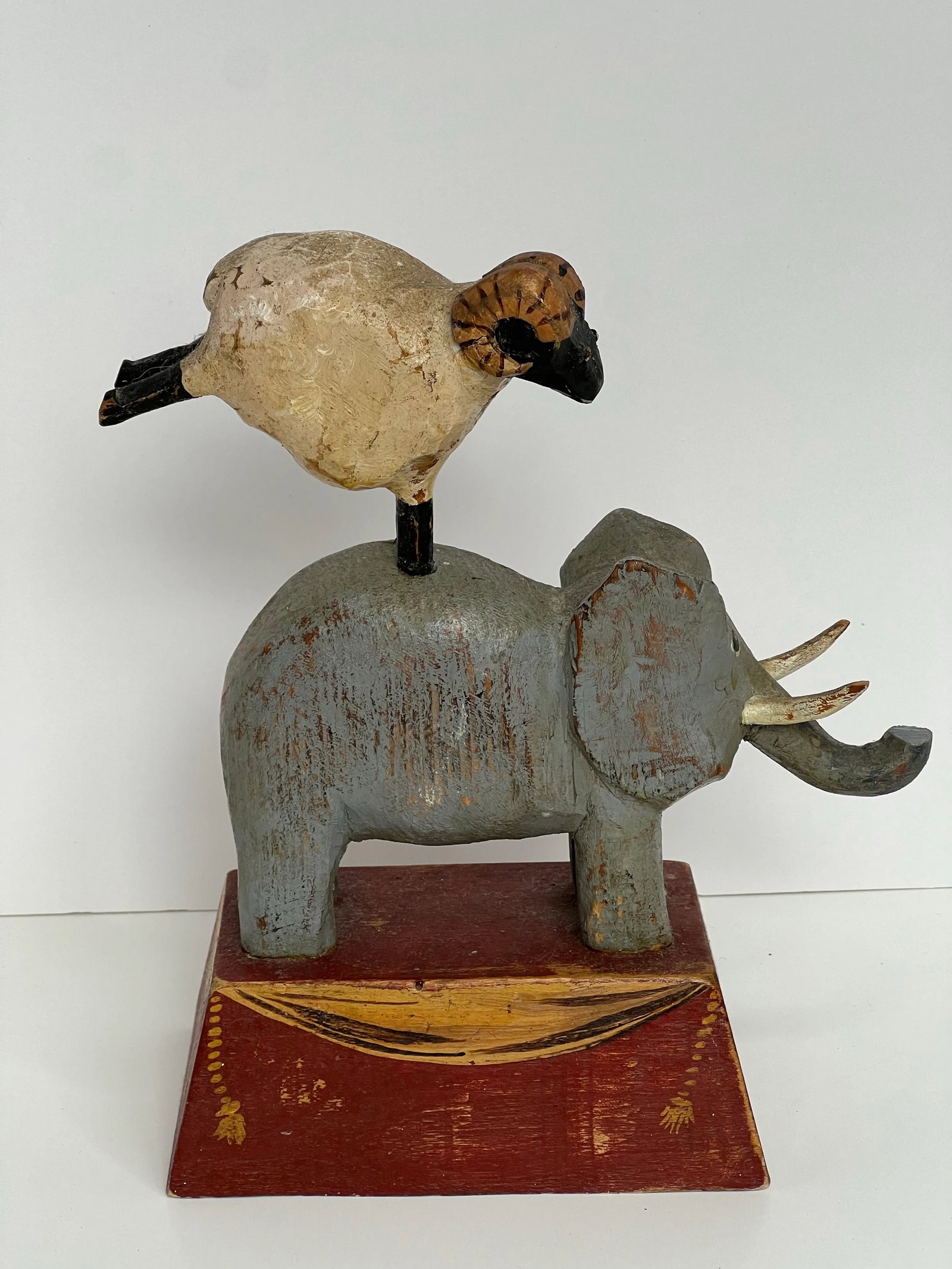 Original Signed Tom Kelly Folk Art Elephant Ram Wood Sculpture - 5