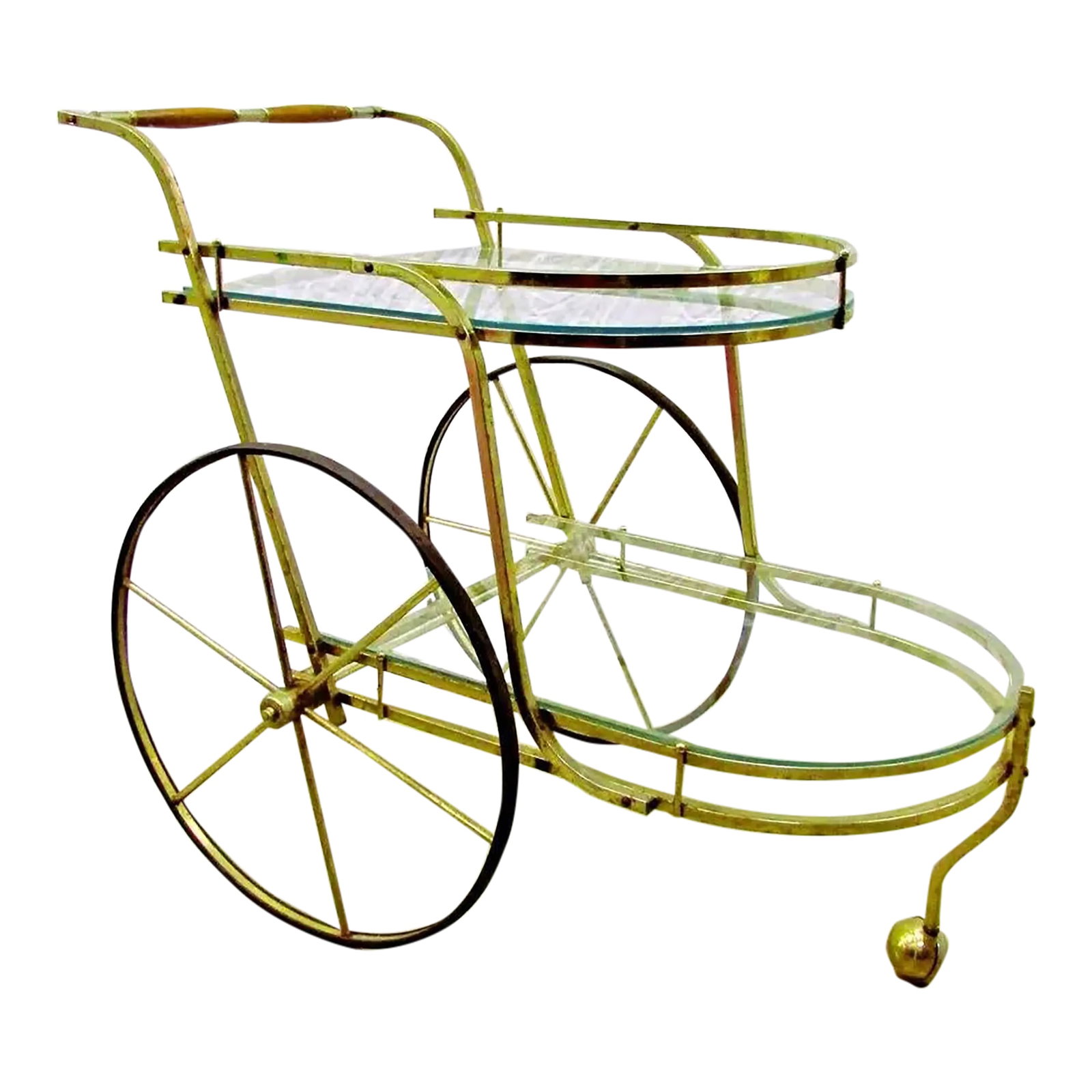 1950s Mid-Century Modern Brass and Glass Bar Cart Tea Cart: Mid-Century Modern Brass and Glass Bar Cart Tea Cart Has elegant off set tiers with curved shape at each end. The handle is brass and light wood and the large wheels add style to the form. Rolls easil