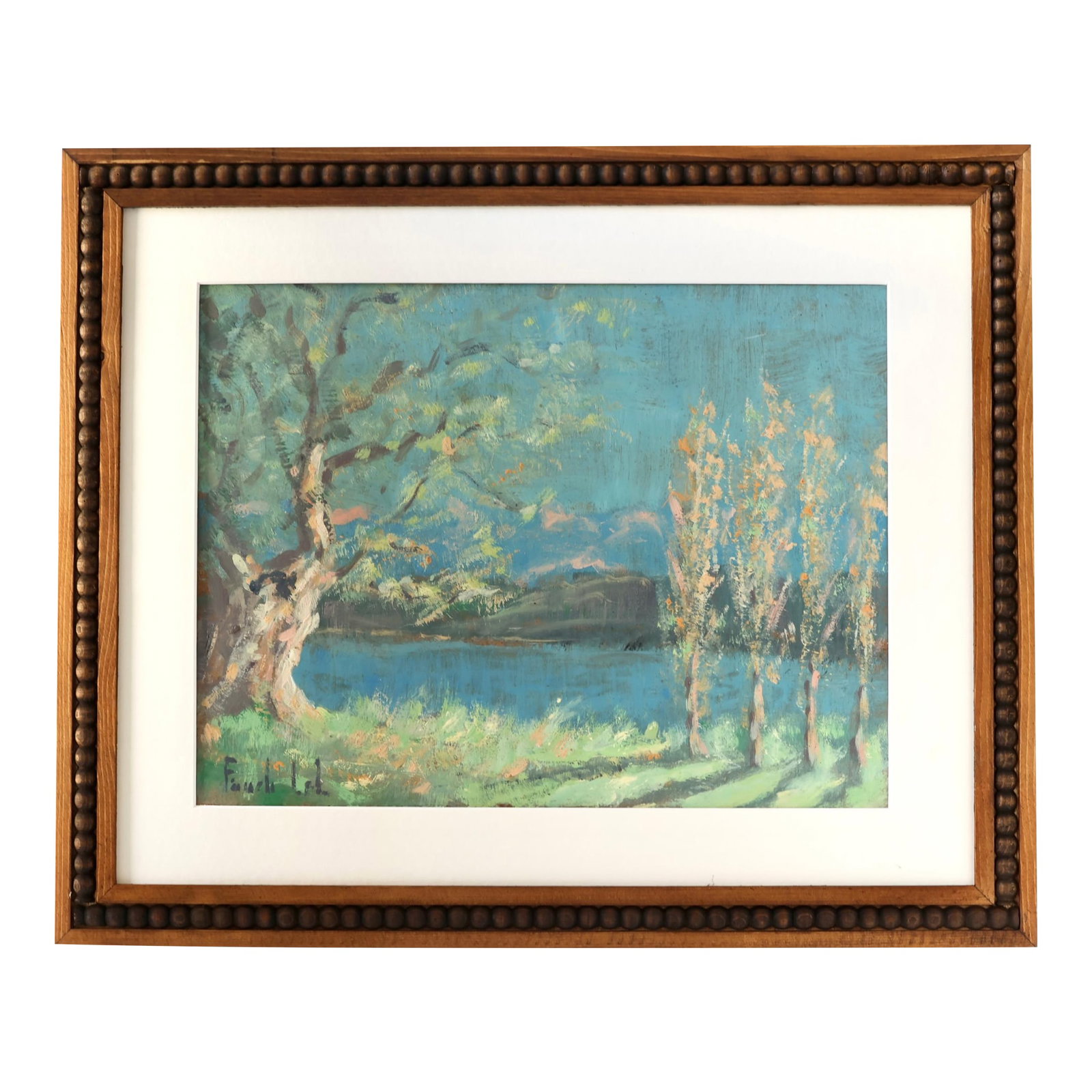 French Countryside Landscape Painting: A tranquil French oil painting on board signed by the artist, featuring a serene lakeside scene framed by vibrant greenery and luminous blue water. The textured brushstrokes and rich palette capture