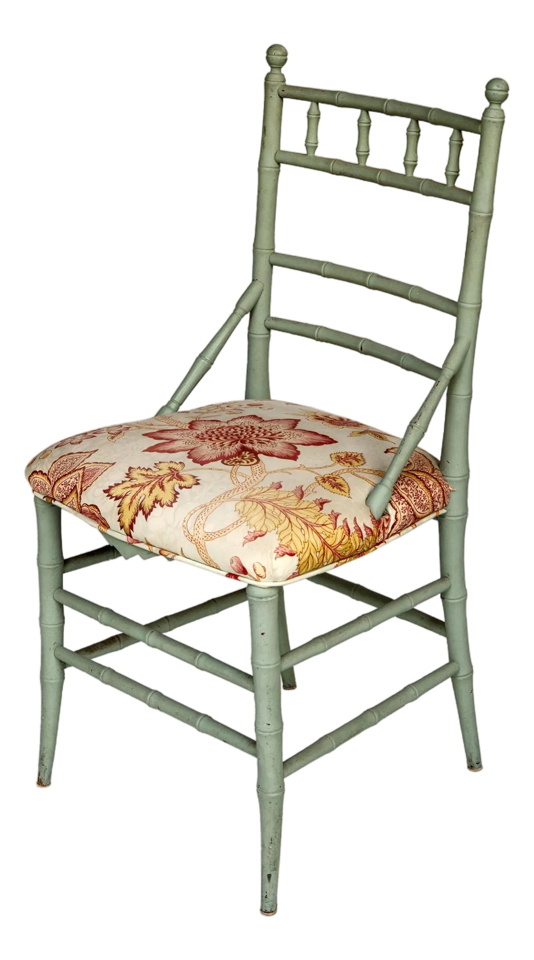 Vintage Pale Blue Bamboo Chair W/ Floral Seat: A Super Charming Vintage Pale Blue Painted Bamboo Chair with Upholstered Floral Seat. 36H, 19W, 19D Seat 19H Condition: Imperfections: Some Imperfections Condition Notes: In Overall Good Condition