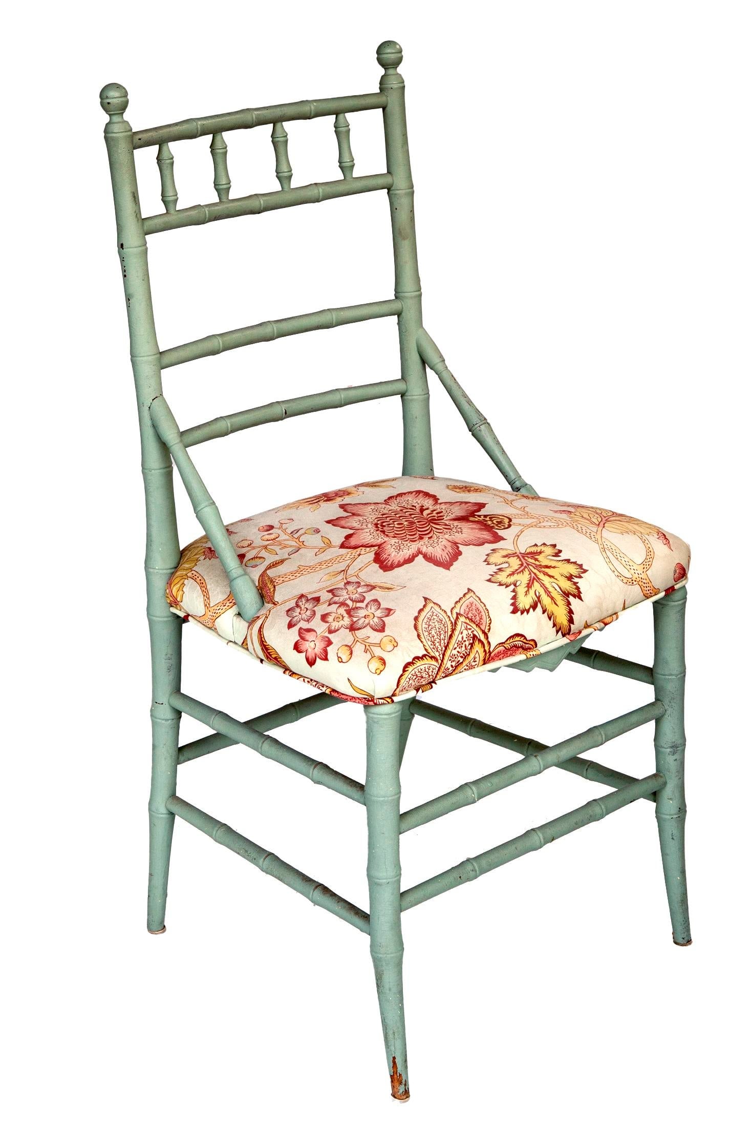 Vintage Pale Blue Bamboo Chair W/ Floral Seat - 2