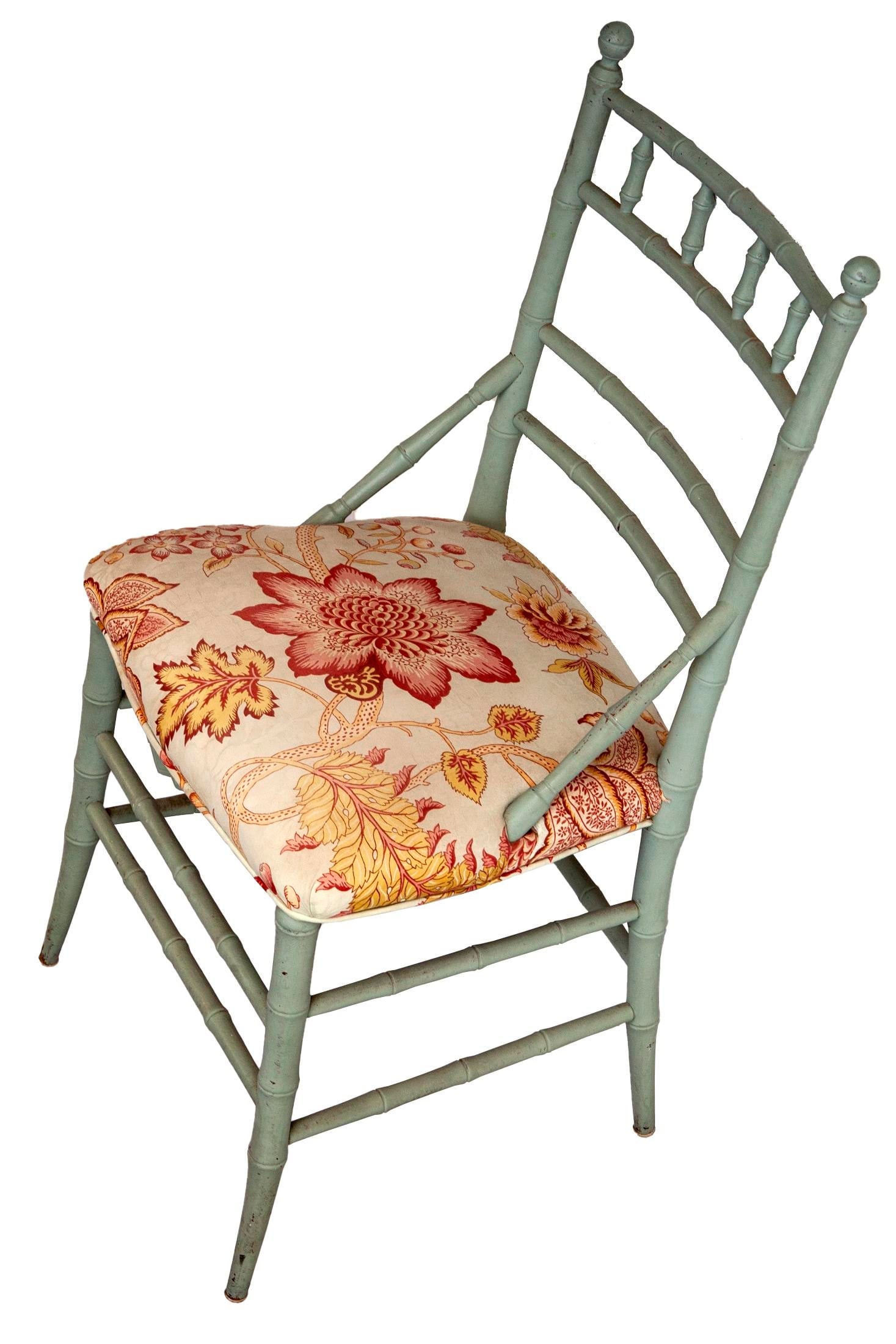 Vintage Pale Blue Bamboo Chair W/ Floral Seat - 3