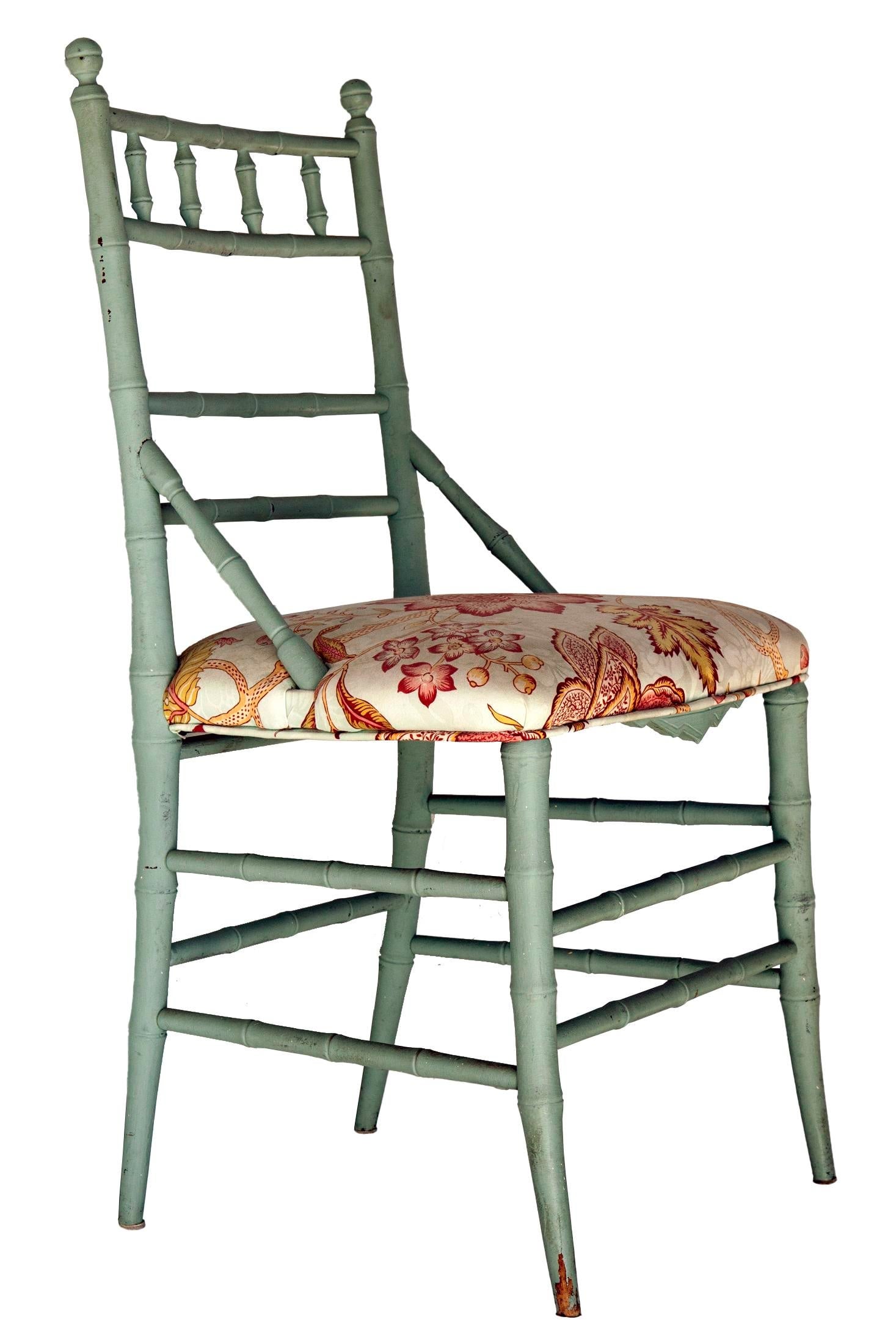 Vintage Pale Blue Bamboo Chair W/ Floral Seat - 4