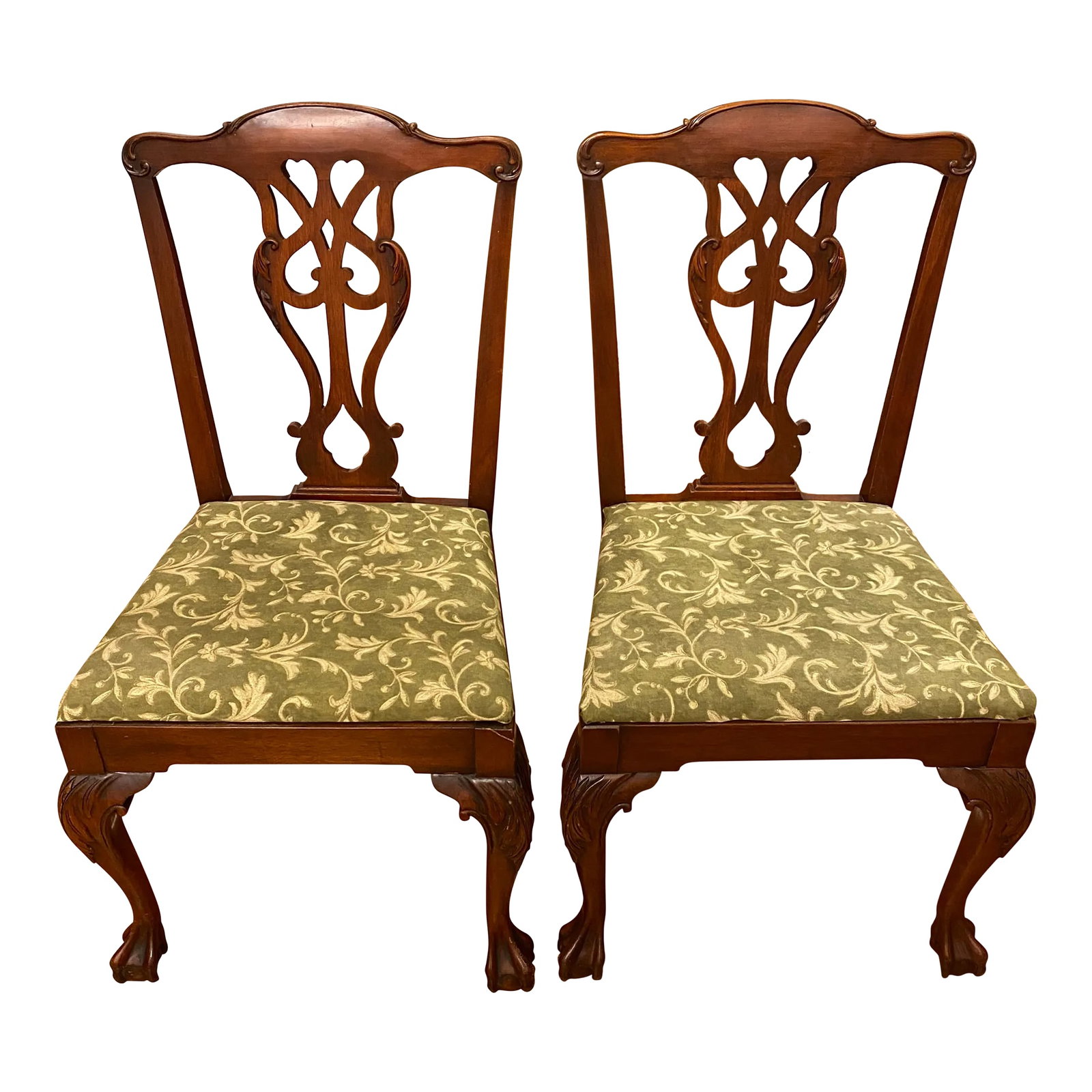 Mid 20th Century Pair of Clawfooted Dining Chairs: Quick Hits: Item: Pair of Seating Origin: United States Materials: Upholstery, Wood Dimensions: 21.5''W * 17.75''D * 37.75''H Style: Chippendale Color: Brown Number of Seats: 2 Seat Height: 18.0