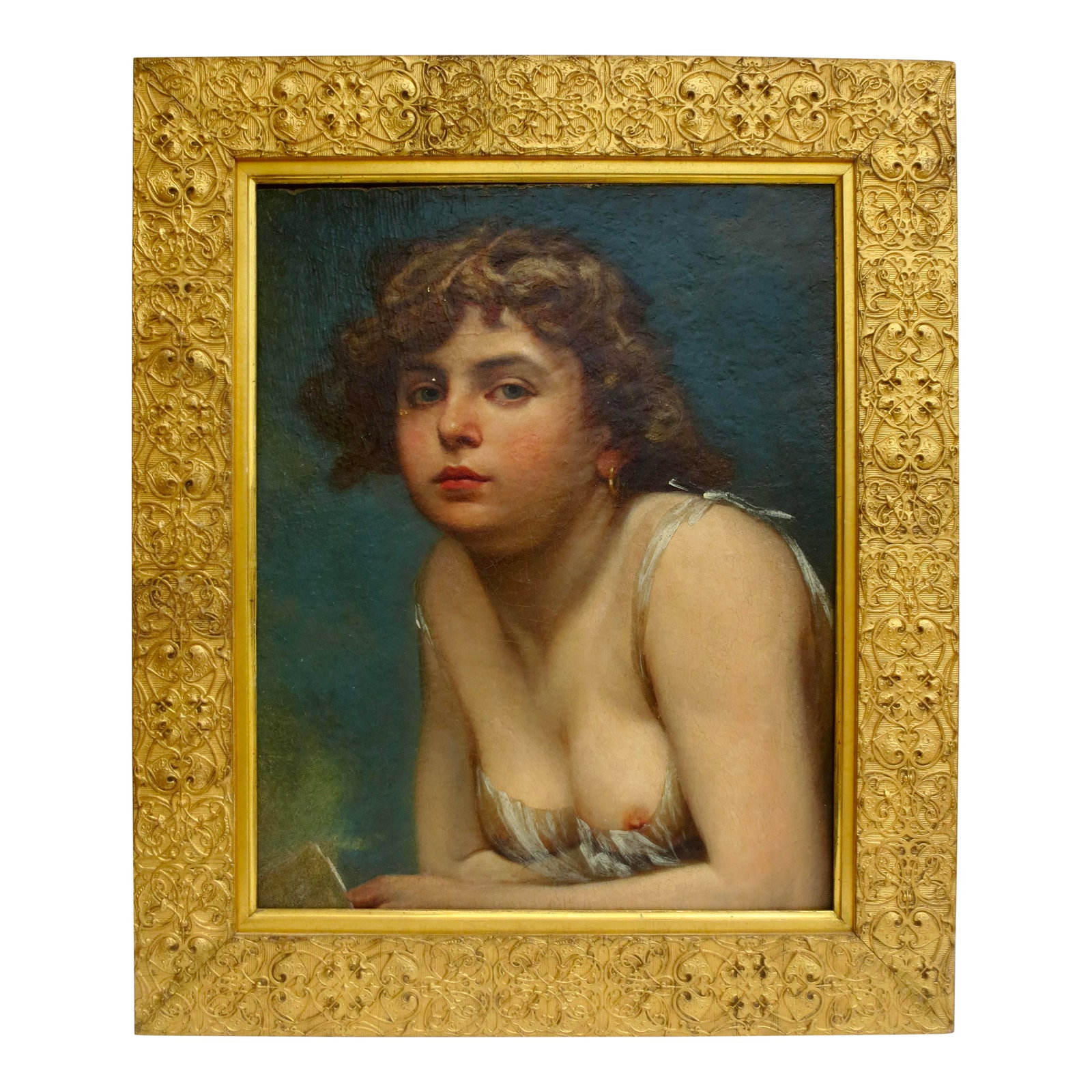 Nude Study of a Young Maiden Oil on Panel: 19th-century study of a young maiden in a silk slip. Casual, young, and fresh-faced. Beautiful classic portrait, unsigned to the face or back, and named a study. Beautiful Beaux Arts frame from the pe