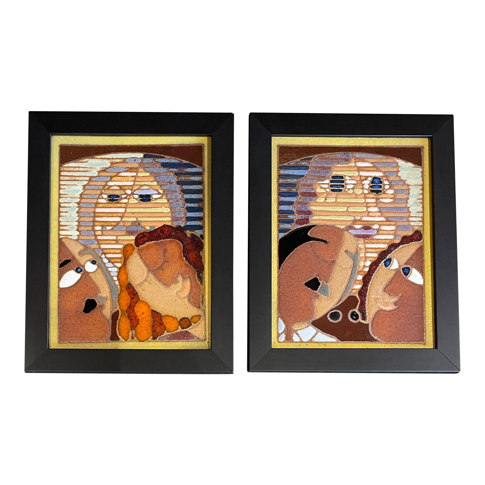 Pair "Enjoying the Anchor Woman" and "Enjoying the Anchor Man" Mosaics by Guillermo Wagner Granizo: This pair is from Guillermo Wagner Granizo's series entitled "Two Faces a Day" in which he literally did two ceramic mosaic faces a day. Guillermo Wagner Granizo was one of the world's premier