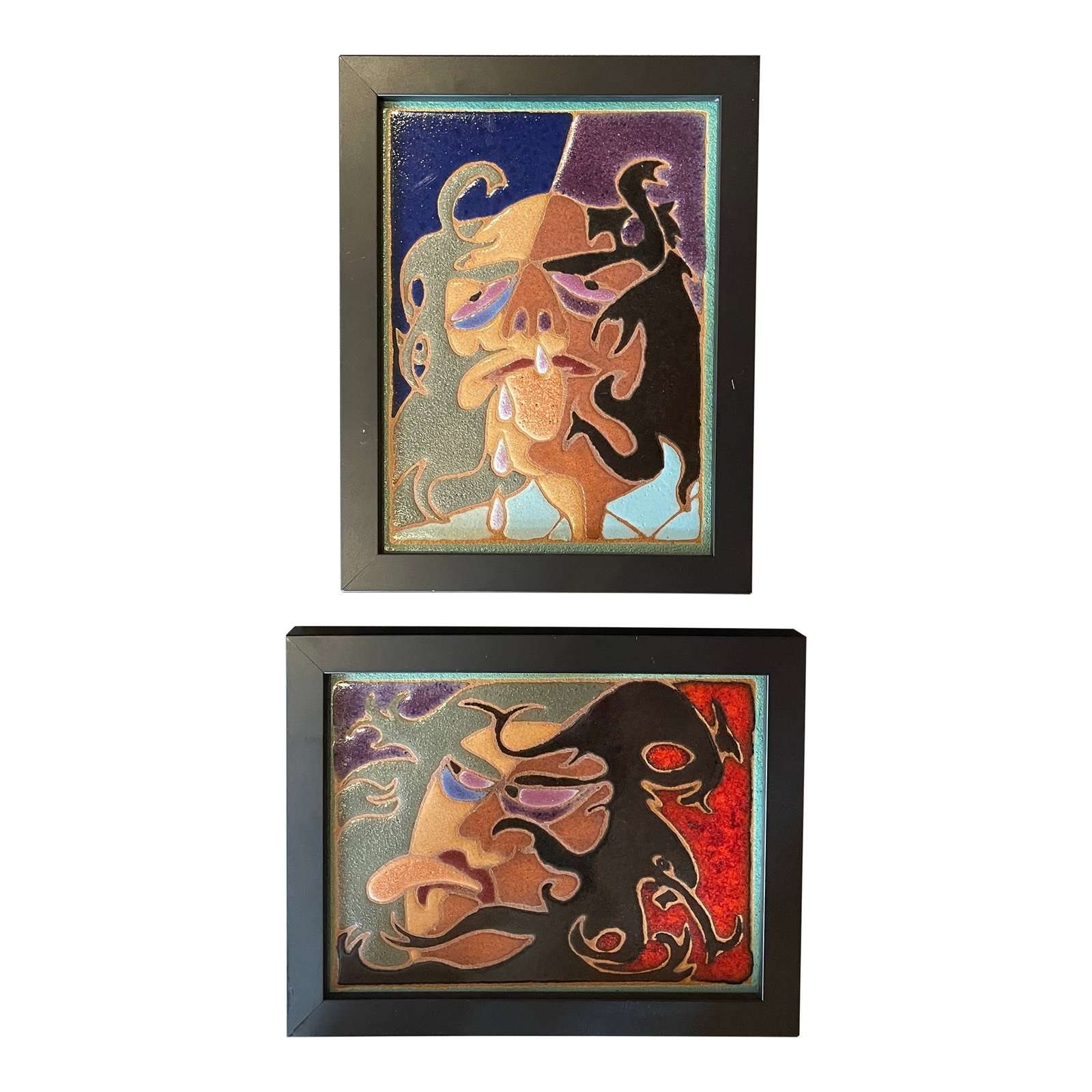 1990s "His Hangover" and "Her Hangover" Ceramic Mosaics by Muralist Guillermo Wagner Granizo- Set of: This cheeky pair is from Guillermo Wagner Granizo's series entitled "Two Faces a Day" in which he literally did two ceramic mosaic faces a day. Guillermo Wagner Granizo was one of the world's premier