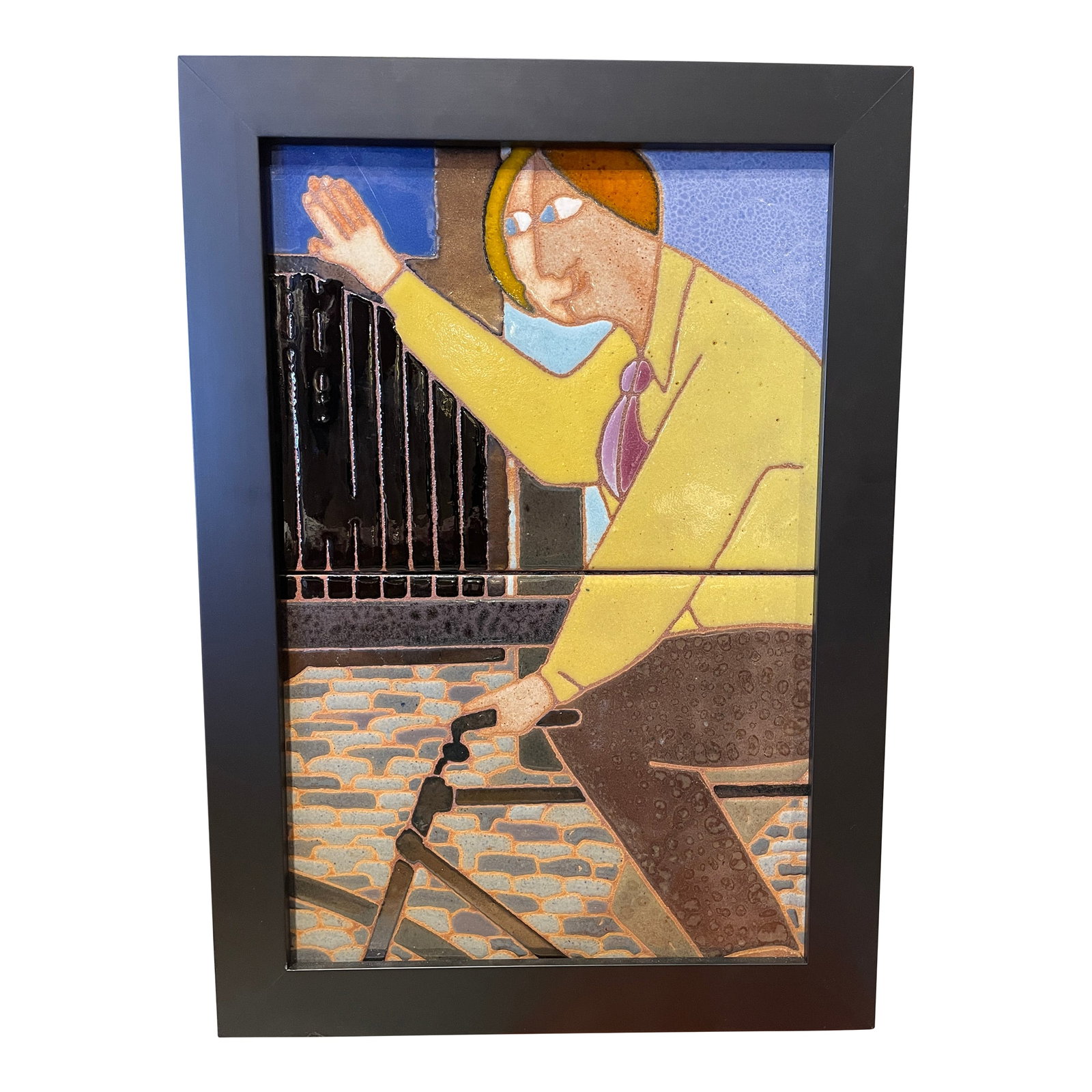 1980s "Boy on Bike" Mosaic by Muralist Guillermo Wagner Granizo: Guillermo Wagner Granizo was one of the world's premier ceramic-tile muralists. His bright colors, geometric shapes, heavy lines, and varying textures created in his Benicia studio convey a vivid