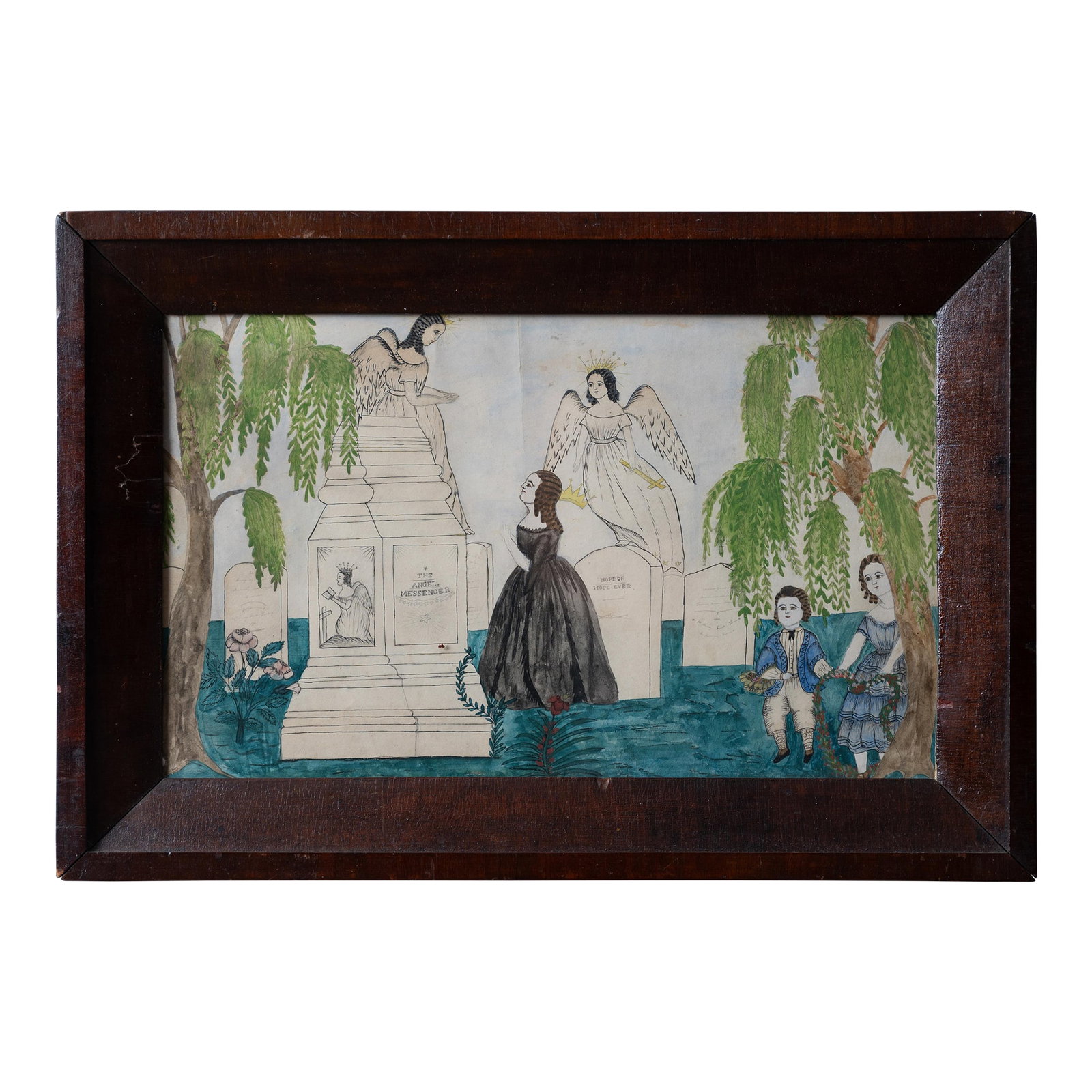 New England Memorial Mourning Watercolor, c.1830: A memorial mourning watercolor on paper, New England, circa 1840. sight: 16 1/2 by 10 inches frame: 20 3/4 by 14 1/4 inches Condition: Alterations: Original Condition Unaltered Imperfections: Some