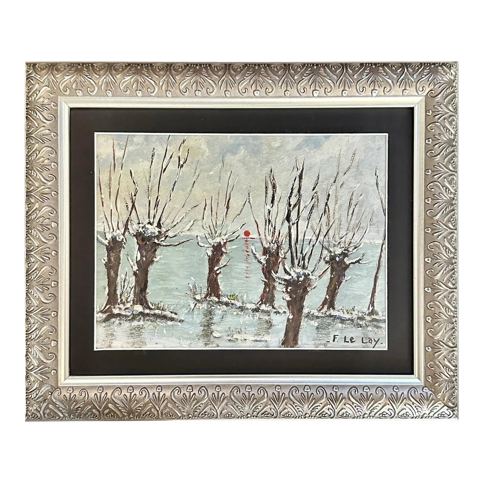 Antique French Winter Forest Painting: Charming vintage French oil on board by F. Le Lay, featuring a wintry grove of pollarded trees set against a misty, water-laced landscape. A bold red sun punctuates the muted tones, adding a poetic
