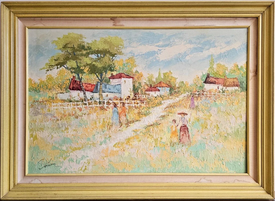 Large Beautiful Landscape Painting, Oil on Canvas, Signed: Large Beautiful Landscape Painting, Oil on Canvas, depicting country lane leading to a town. Signed by artist. 31.5" x 43" Condition: Alterations: Original Condition Unaltered Imperfections: Some Impe