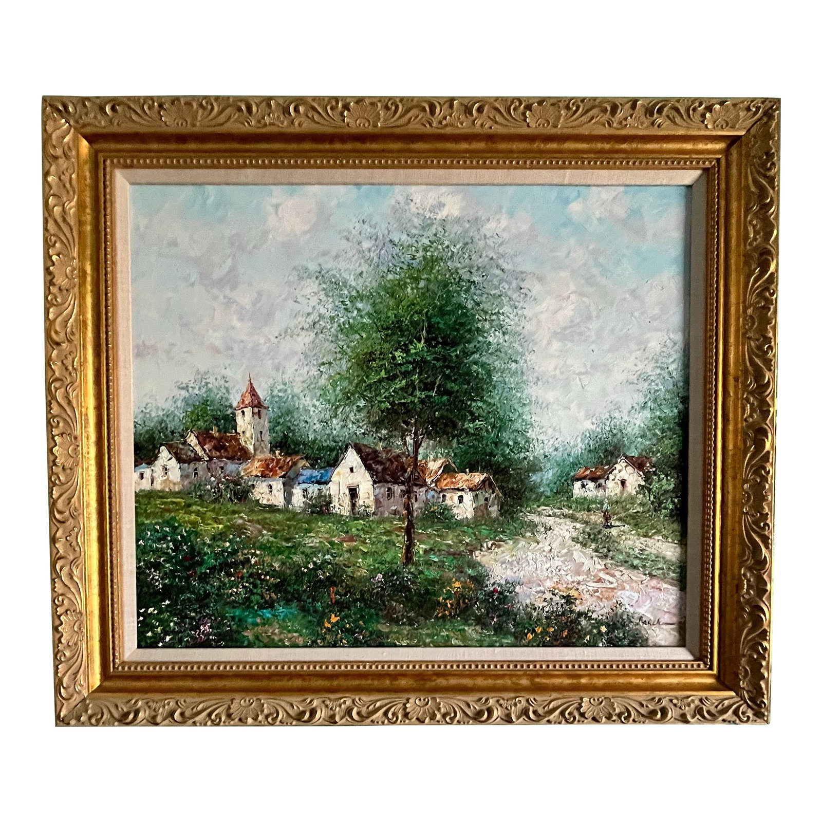Mid-Century German Village Landscape - Signed Oil on Canvas by Theo Rauscher, C. 1957: This original hand-painted oil on canvas captures a tranquil German village scene, offering a nostalgic glimpse into mid-century European life. A modest church anchors the composition, its bell tower 