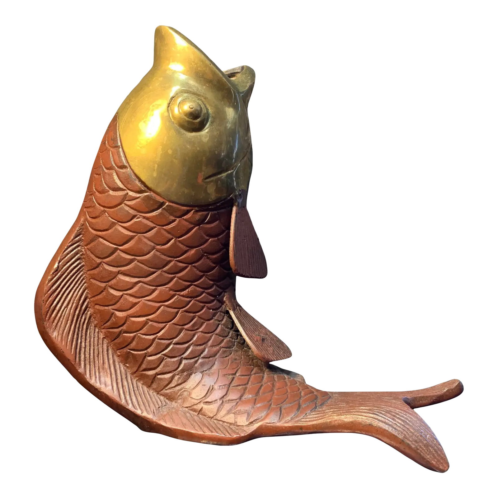 MidCentury Brass Maroon Enamel Coy Sculpture: This striking 11-inch mid-century sculpture captures a koi fish in a graceful arc, frozen in a moment of poised motion. Crafted from brass with exquisite anatomical precision, the koi's head gleams wi