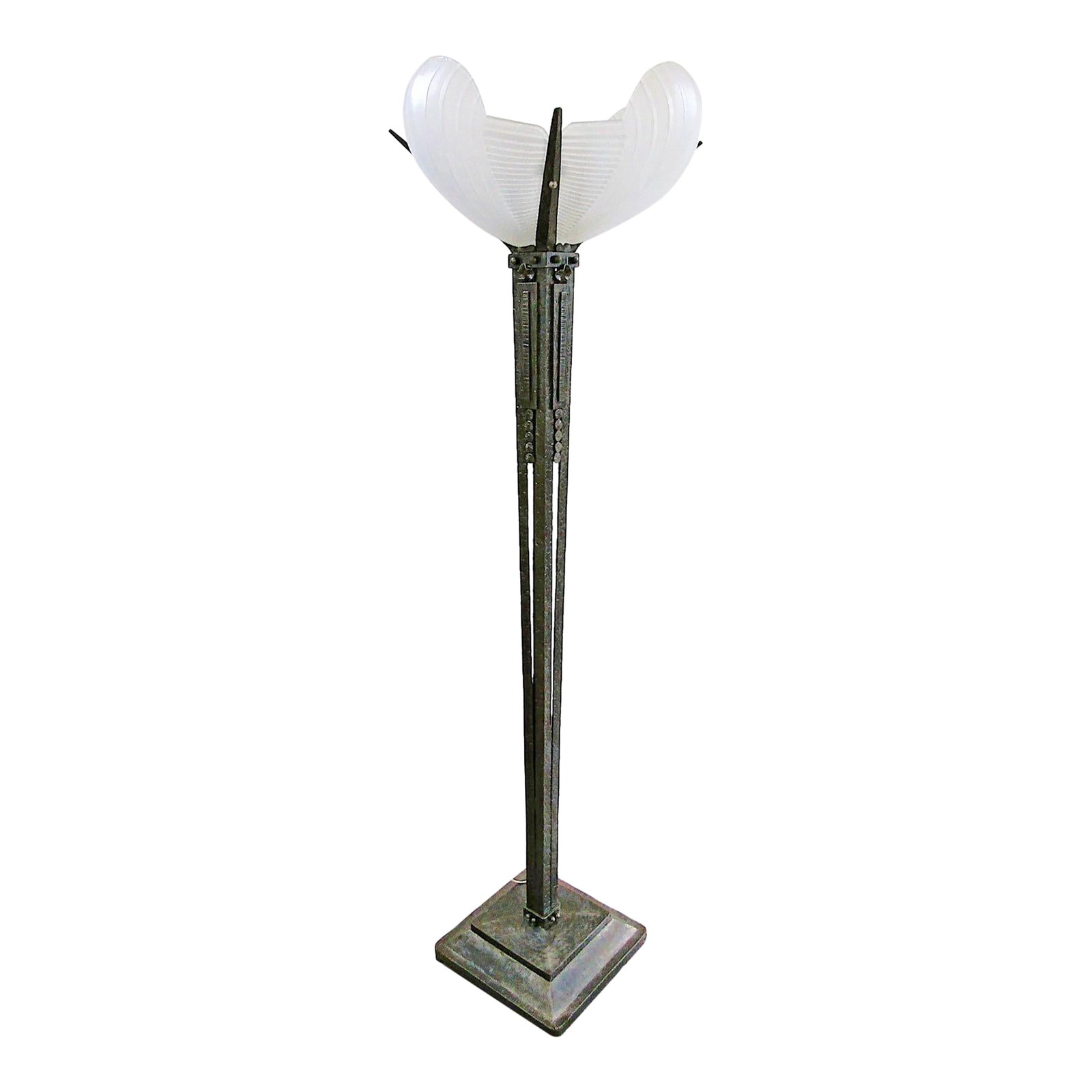 1930s French Art Deco Wrought Iron and Sculpted Frosted Glass Torchiere Floor Lamp Attributed to Ate (1 of 18)