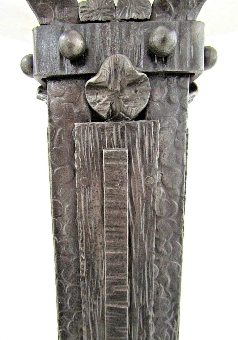 1930s French Art Deco Wrought Iron and Sculpted Frosted Glass Torchiere Floor Lamp Attributed to Ate - 8