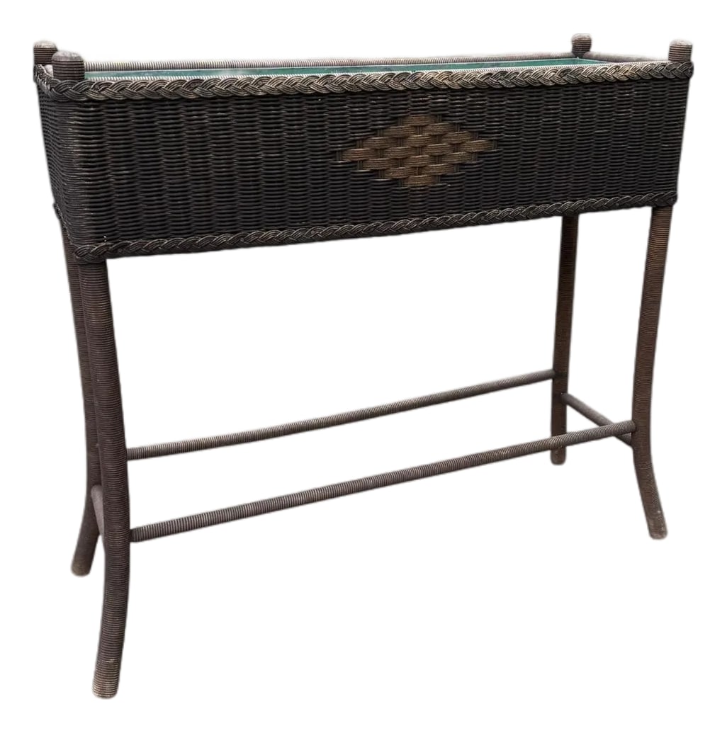 Antique Woven Hemp Plant Stand Wood Turned Spindle Legs - 2