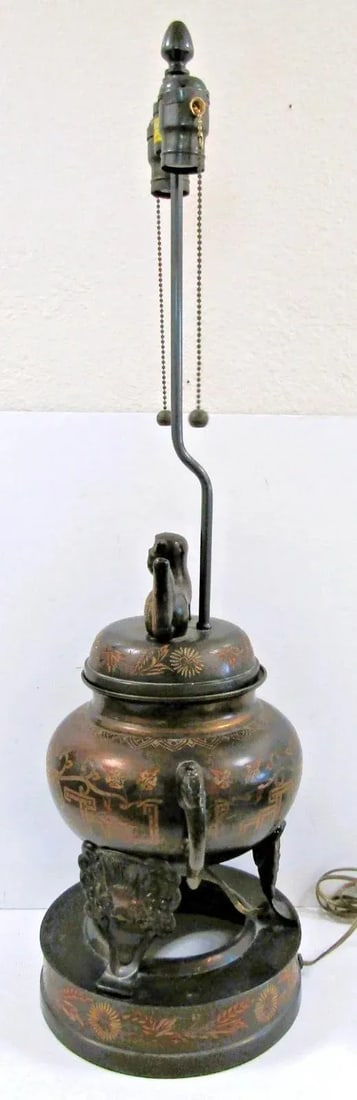 1960s Marbro Bronze Censer Lamps Foo Dogs Elephant Handles Sculpture Table Lamps - a Pair - 11