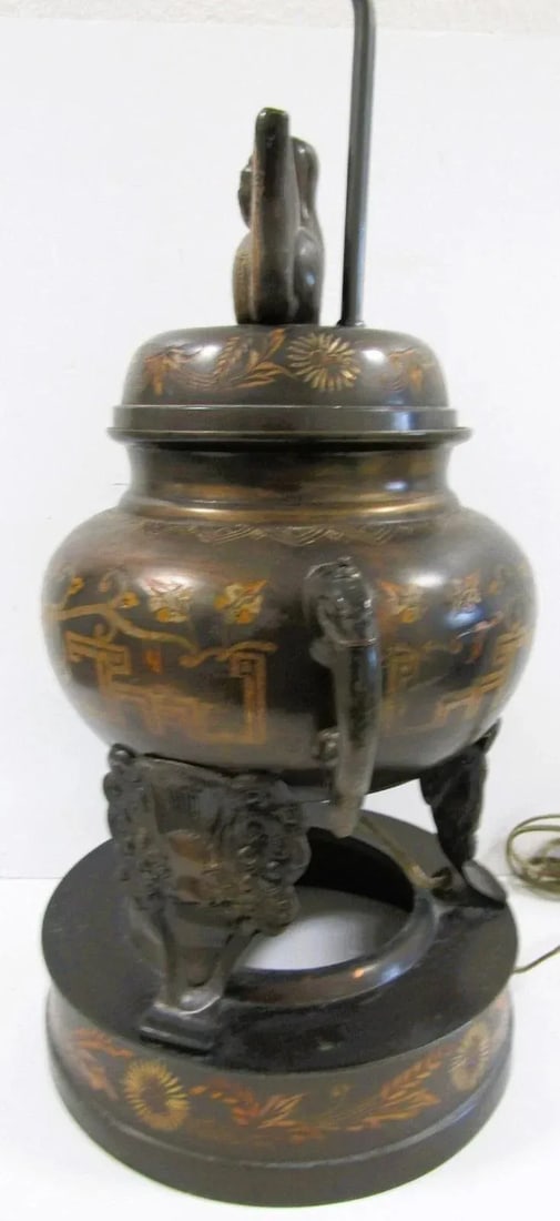 1960s Marbro Bronze Censer Lamps Foo Dogs Elephant Handles Sculpture Table Lamps - a Pair - 12