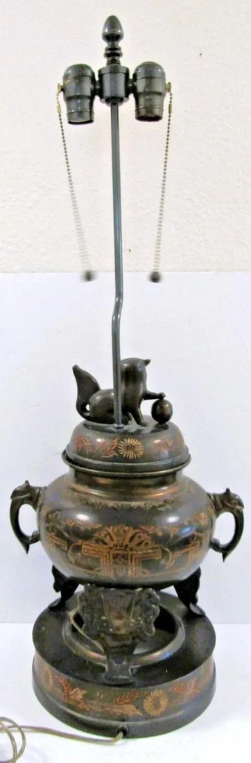 1960s Marbro Bronze Censer Lamps Foo Dogs Elephant Handles Sculpture Table Lamps - a Pair - 13