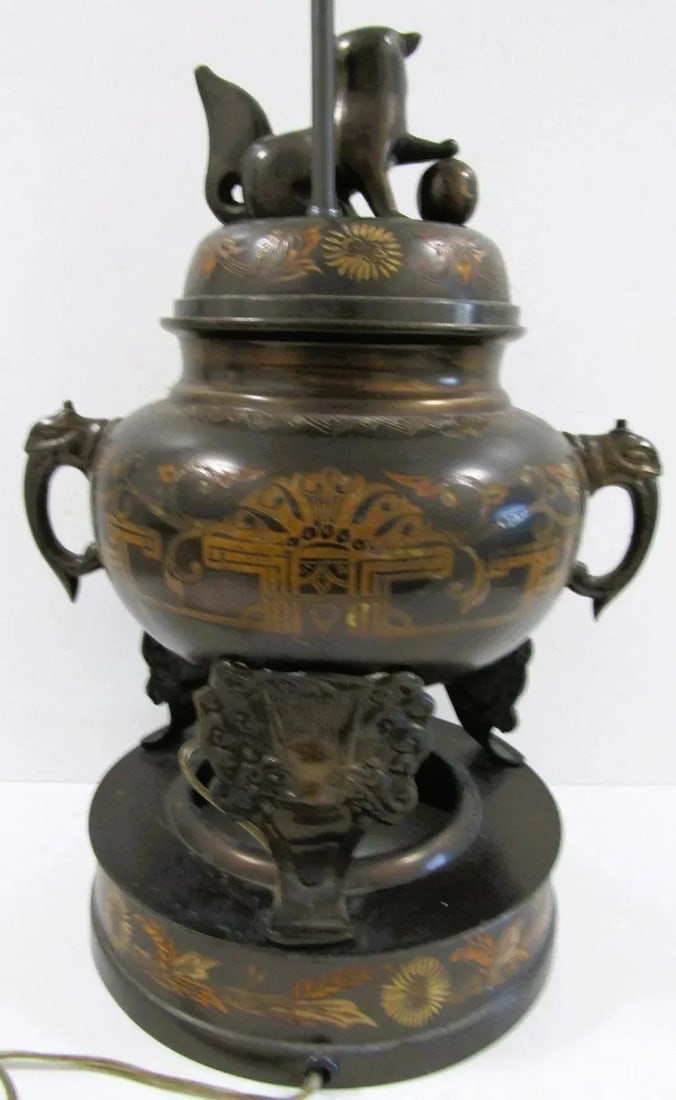 1960s Marbro Bronze Censer Lamps Foo Dogs Elephant Handles Sculpture Table Lamps - a Pair - 14
