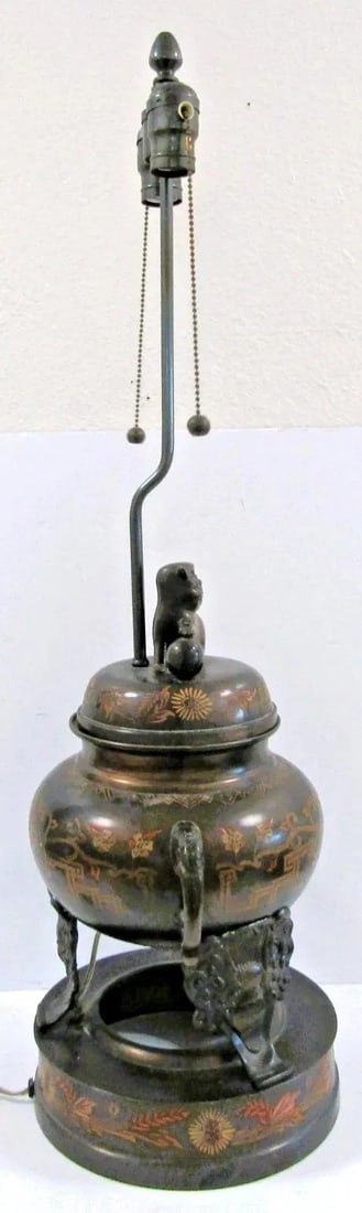 1960s Marbro Bronze Censer Lamps Foo Dogs Elephant Handles Sculpture Table Lamps - a Pair - 15
