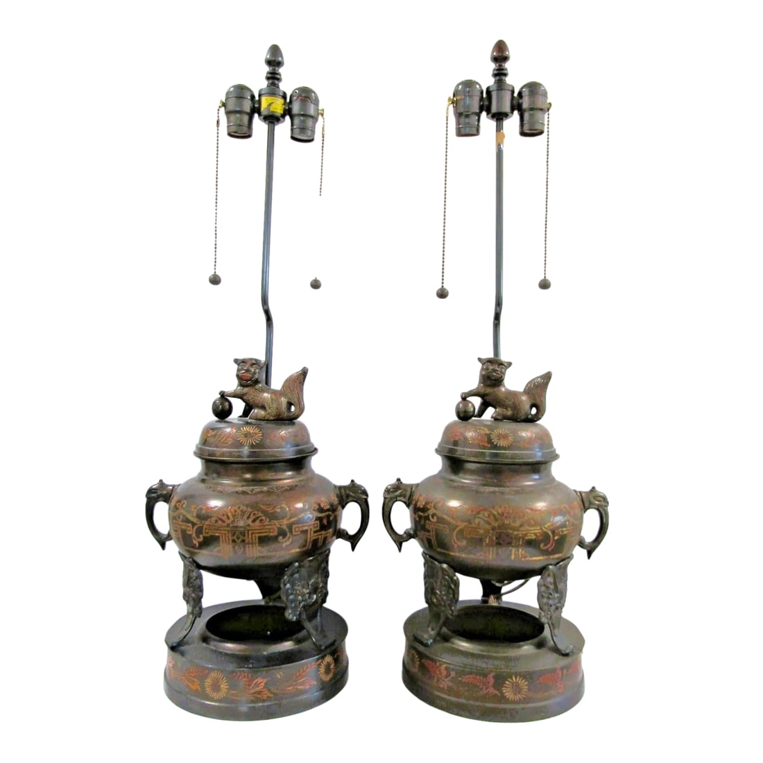 1960s Marbro Bronze Censer Lamps Foo Dogs Elephant Handles Sculpture Table Lamps - a Pair: The 1960s Marbro Bronze Censer Lamps are vintage sculpture table lamps with a unique design featuring foo dogs and elephant handles. Made of bronze with an antique bronze finish, these large lamps