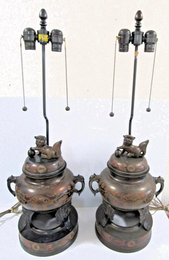 1960s Marbro Bronze Censer Lamps Foo Dogs Elephant Handles Sculpture Table Lamps - a Pair - 2