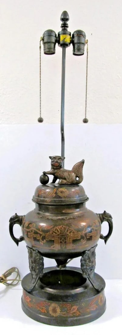 1960s Marbro Bronze Censer Lamps Foo Dogs Elephant Handles Sculpture Table Lamps - a Pair - 3