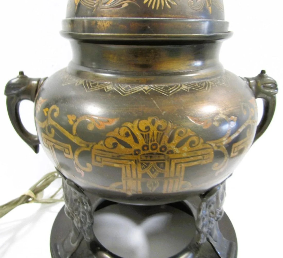 1960s Marbro Bronze Censer Lamps Foo Dogs Elephant Handles Sculpture Table Lamps - a Pair - 5